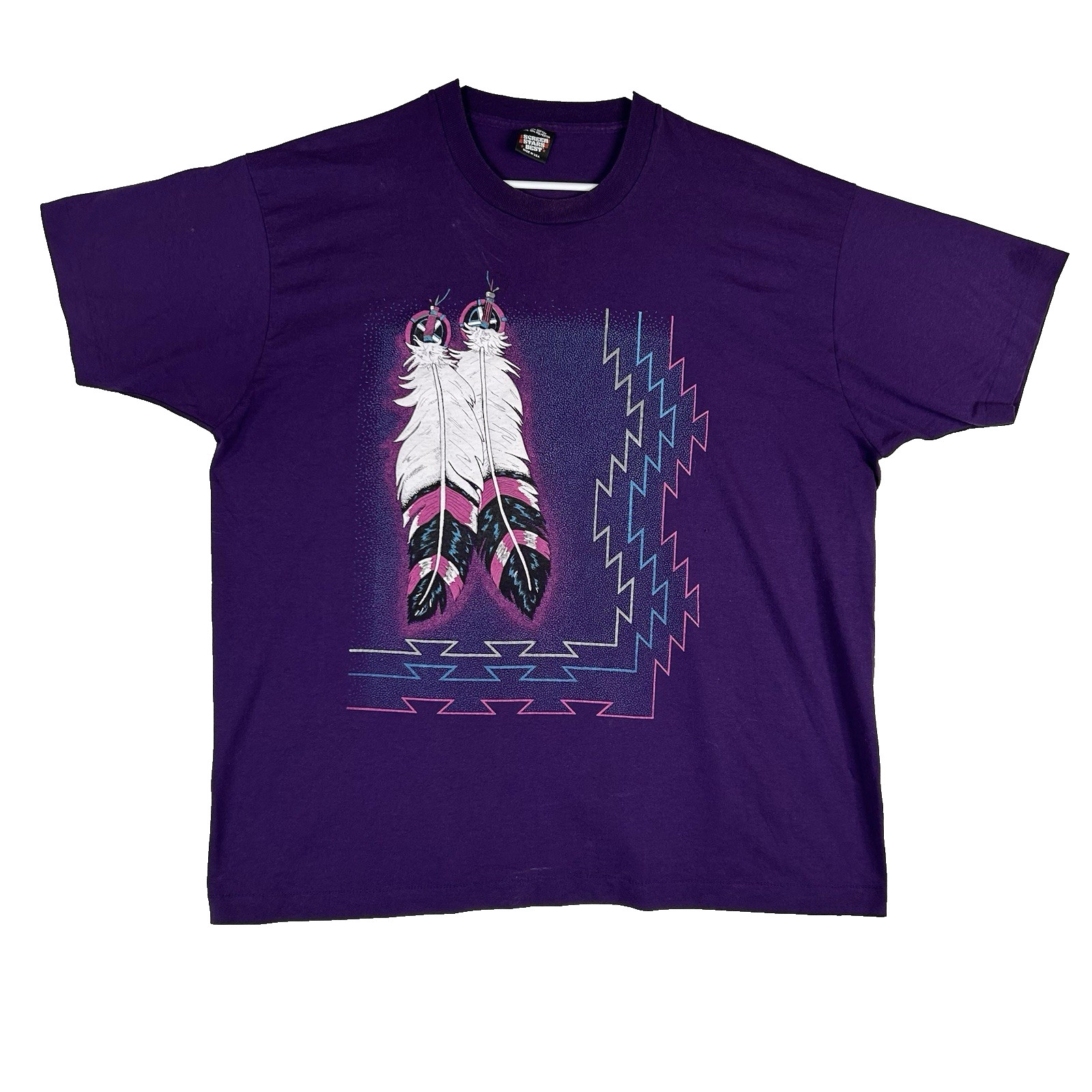 VTG Screen Stars Best USA Aztec Feather Print T-Shirt Men’s XXL Purple Vintage