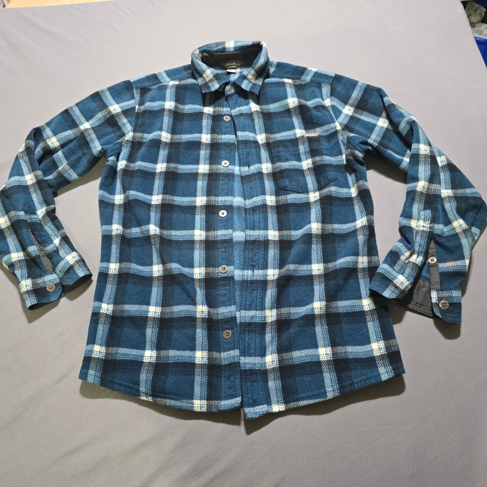 Eddie Bauer Fleece Shirt Mens Small Blue Plaid Long Sleeve Button Up
