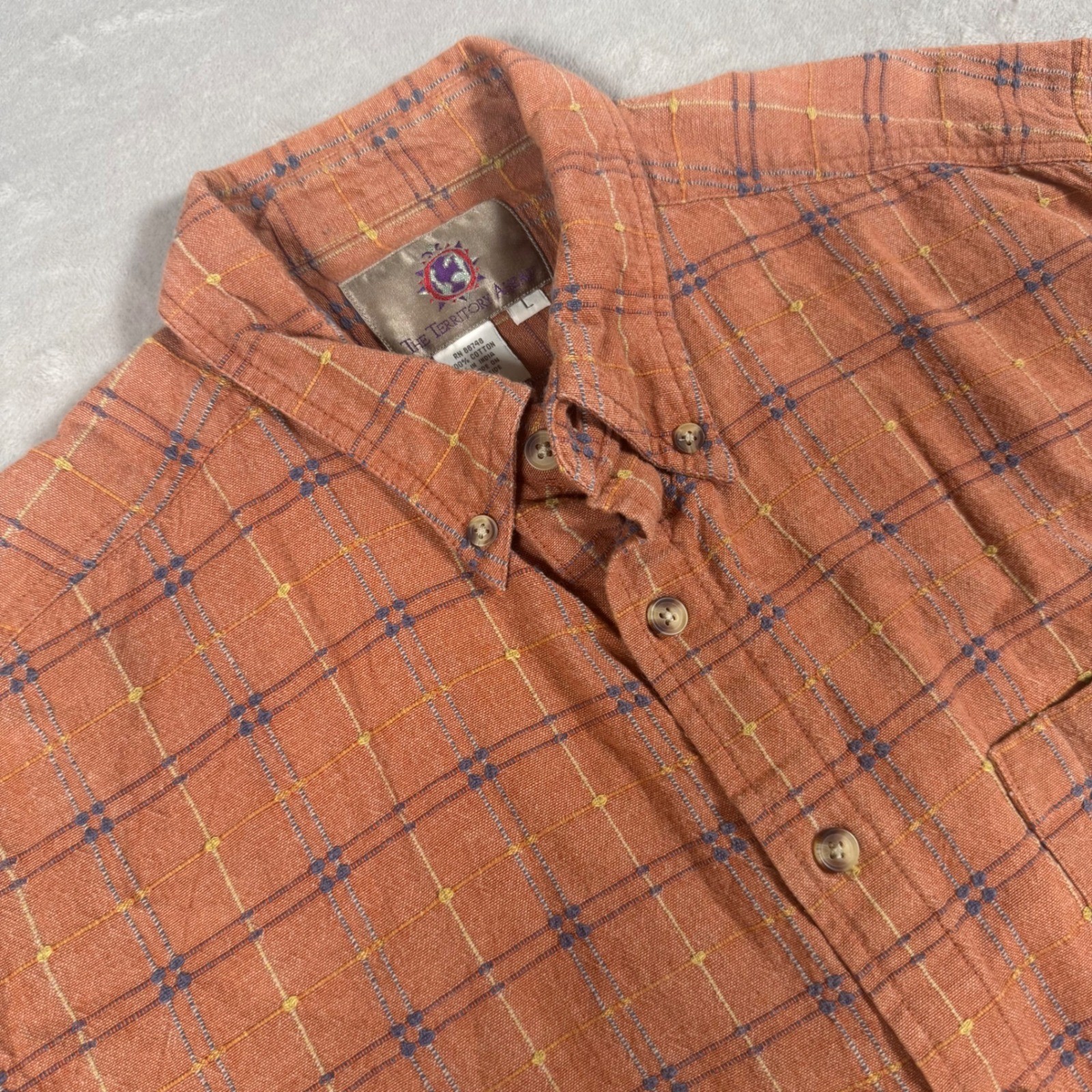 The Territory Ahead Button Down Shirt Mens Large Orange Plaid Textured Cotton SS