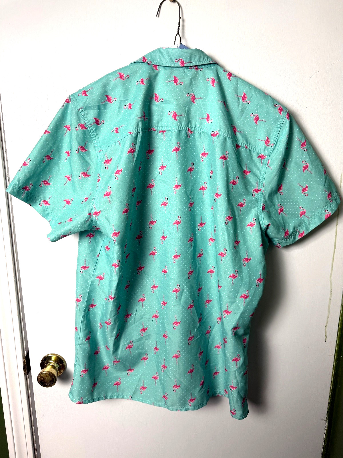 Mens XL Flamingo Print SS Button Up Aqua Party Beach Summer Shirt Hawaiian