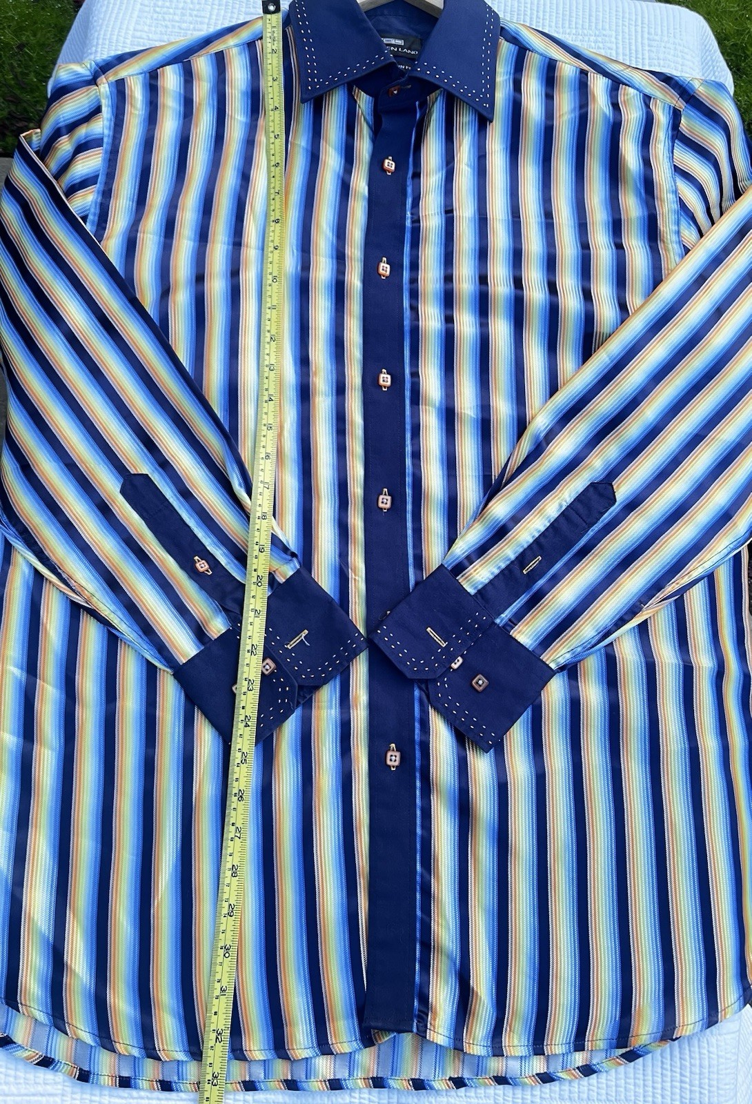 Steven Land XL Y2K Style Striped Dress Shirt Blue Contrast Collar Modern Fit