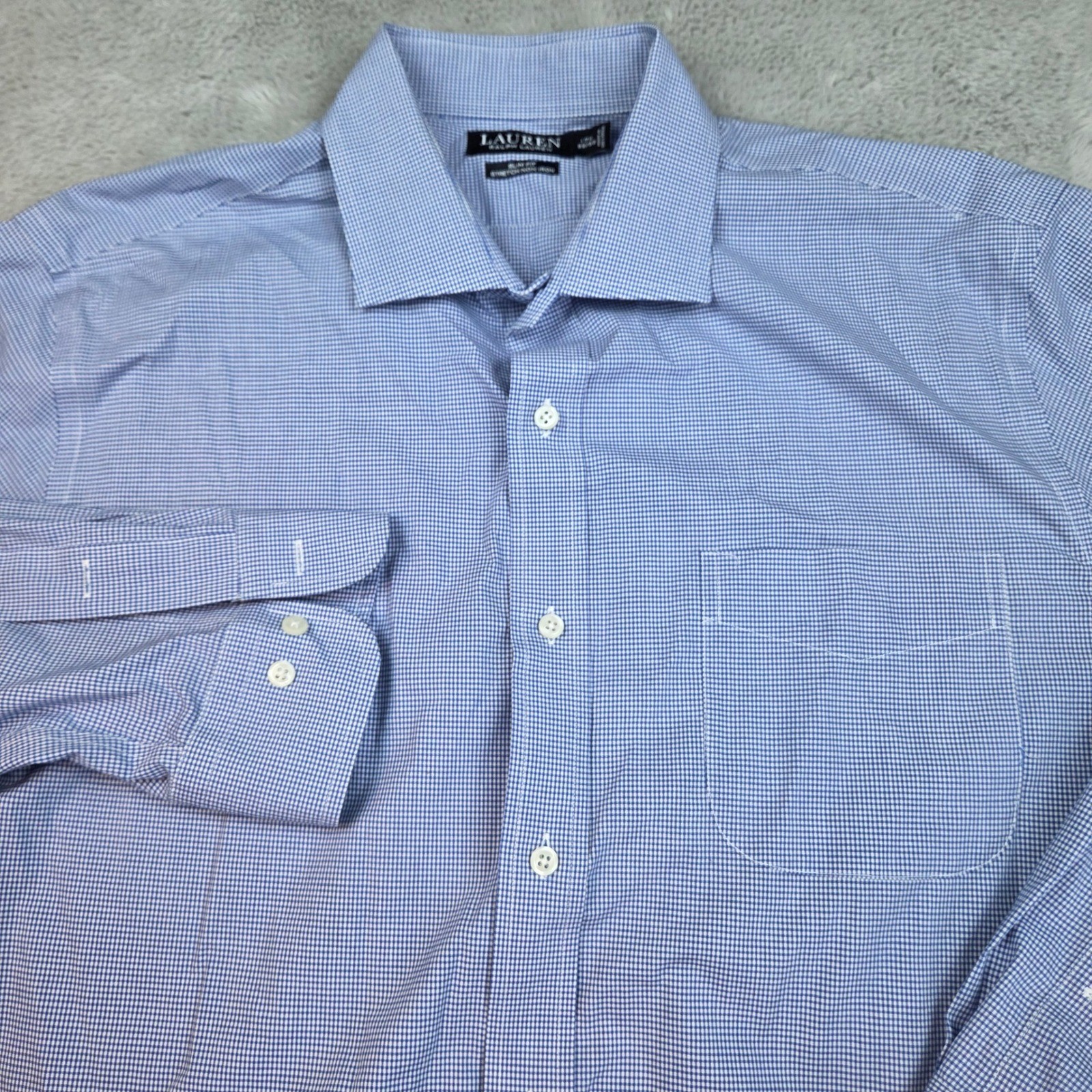 Lauren Ralph Lauren Dress Shirt Mens 17.5 Slim Fit Stretch Non Iron Blue White