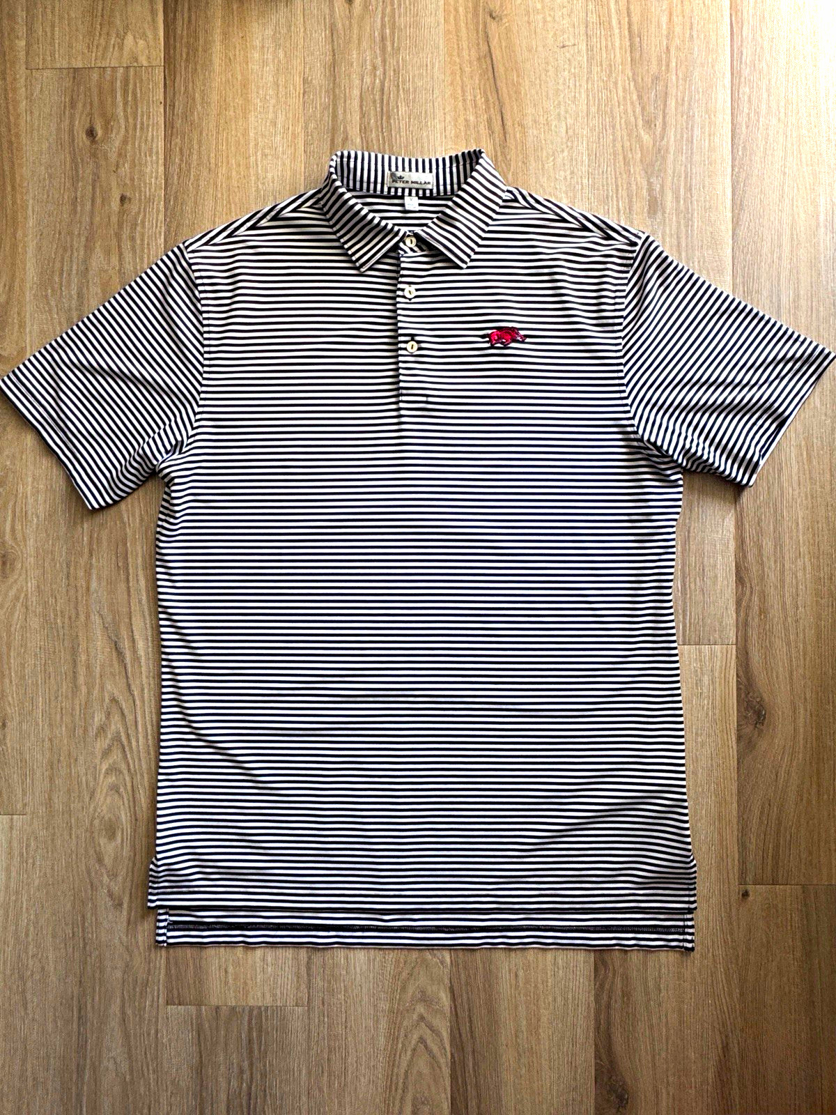 Arkansas Razorbacks Logo Peter Millar Men’s M Navy /White Striped Button Polo