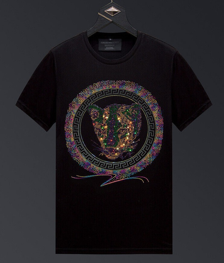 New Men Luxury Diamond Leopard Rhinestones Fashion Black T-Shirt High Quality