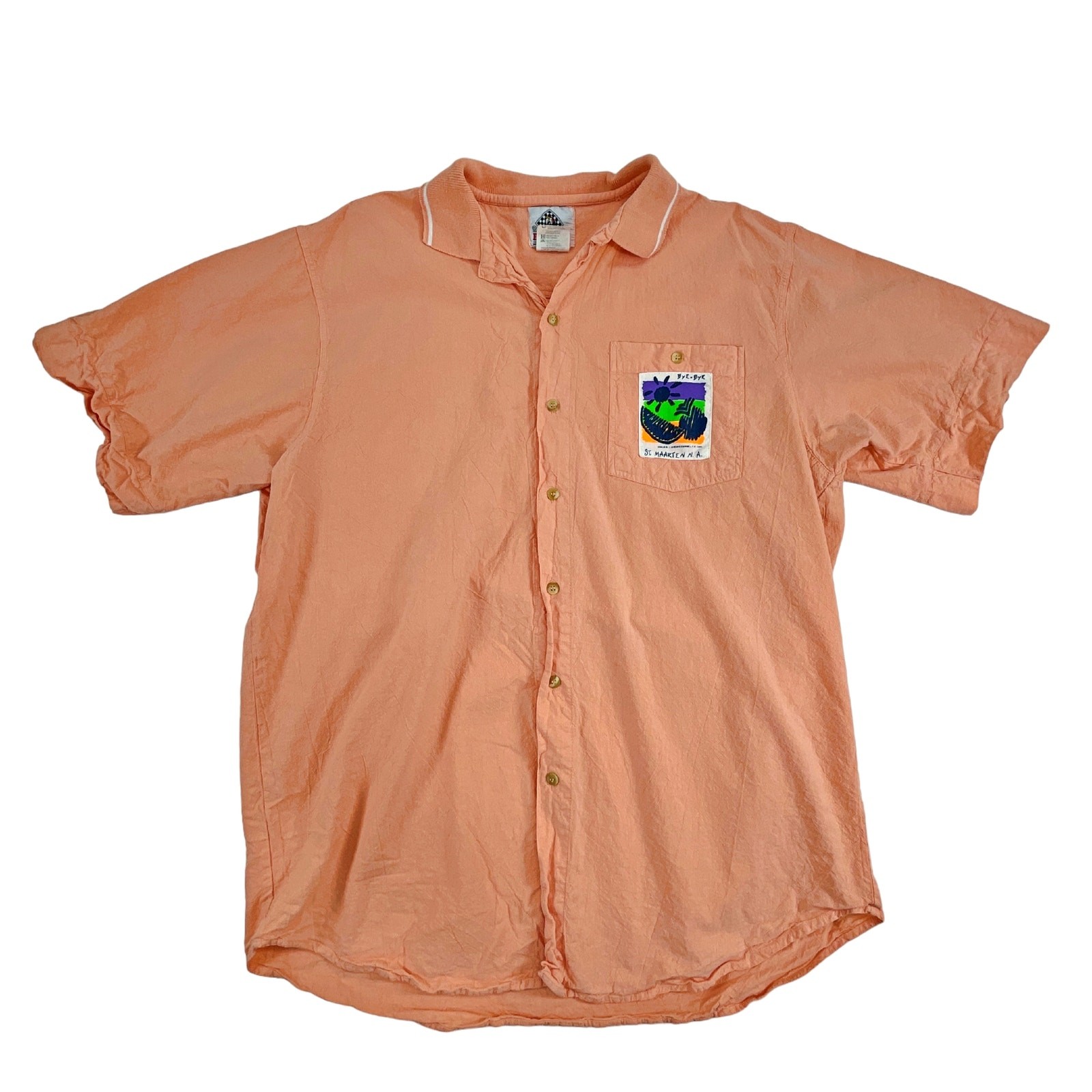 Vintage 80’s 90’s Bye-Bye St. Maarten N.A. Peach Button Down Men’s SS Shirt LG