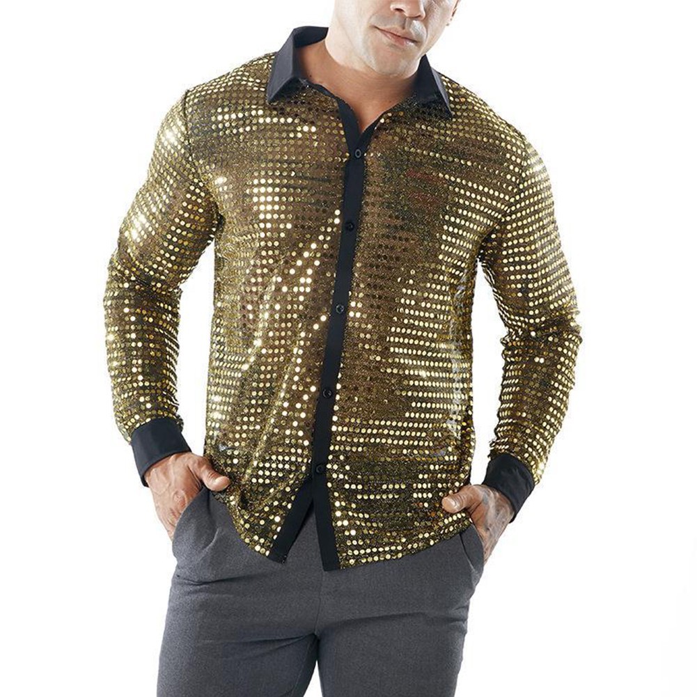 Dazzling Men’s Sparkly Sequins Party Dance Shirt Retro 70s Disco Nightclub Tops
