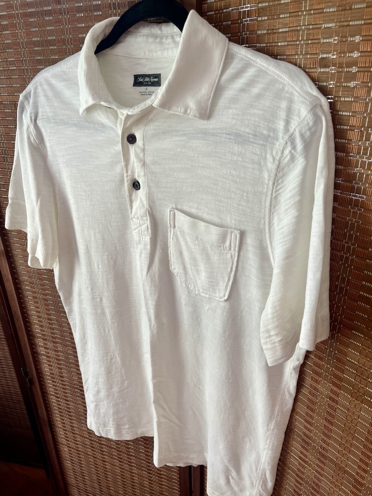 Men’s Saks Fifth Ave Pima Cotton White Polo Shirt Medium C8 Made In Peru