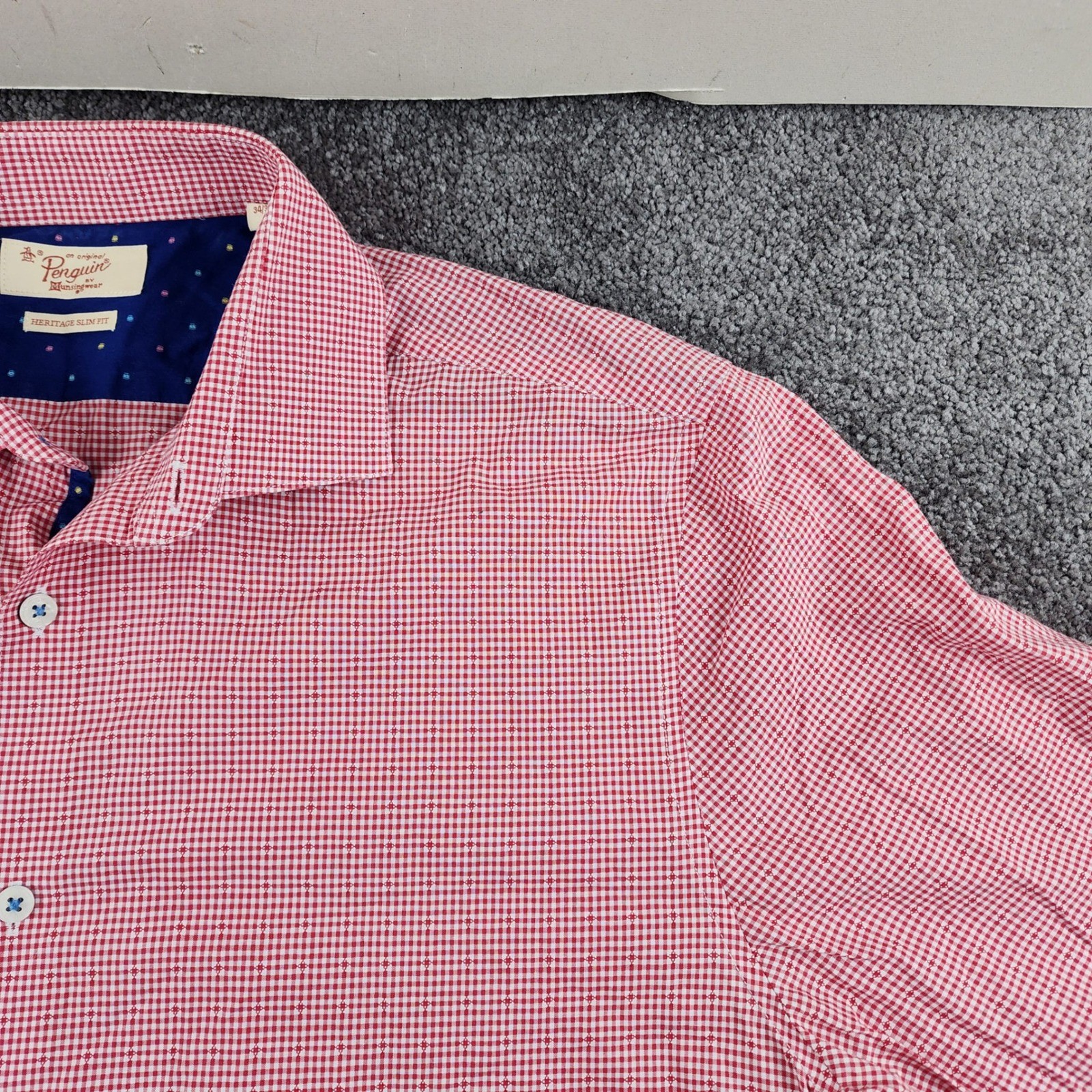 Original Penguin Button Down Shirt Mens 16 34/35 Red Gingham Heritage Slim Fit