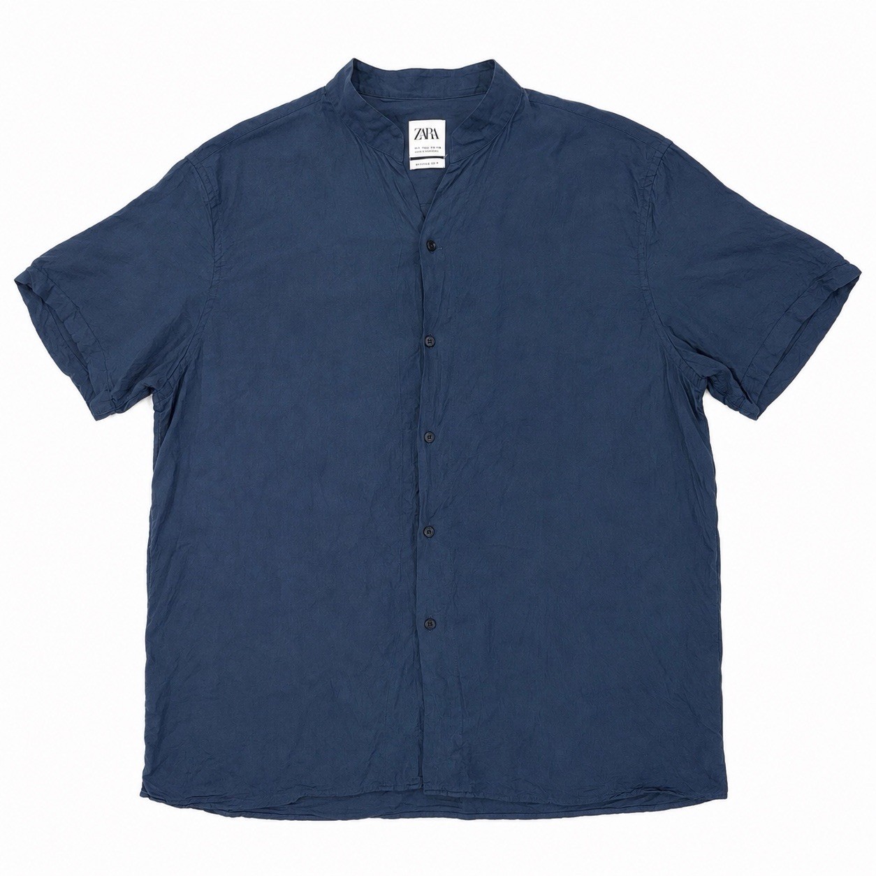 Zara Comfort Regular Fit Shirt Men’s L Navy Band Collar Cotton Linen Portugal