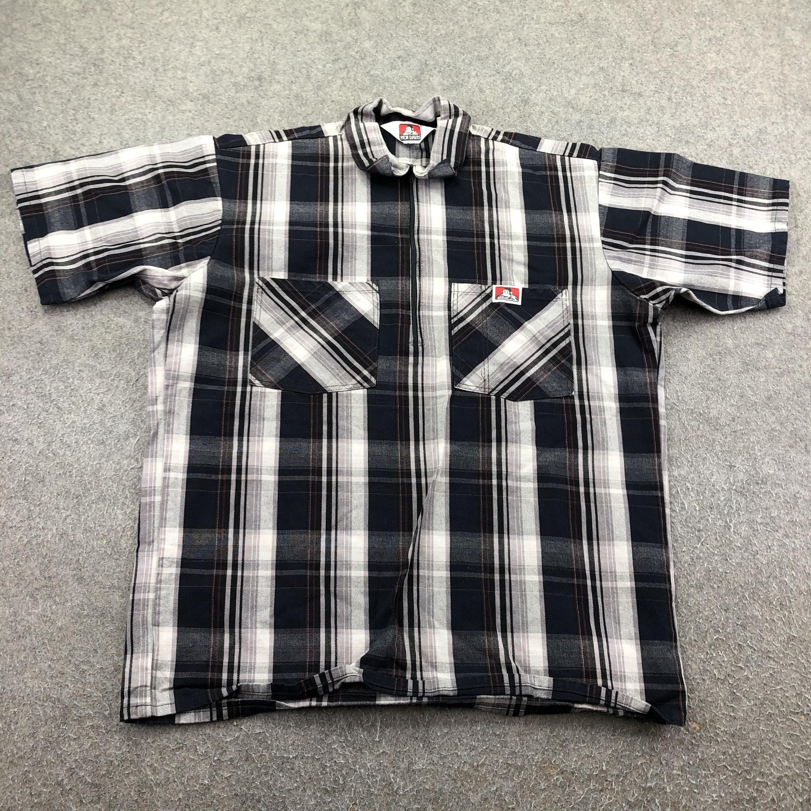 Ben Davis Shirt Mens Medium Blue Plaid Short Sleeve Full Zip Workwear Casual
