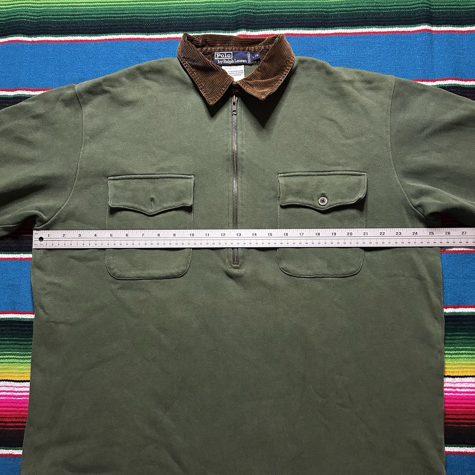 Polo Ralph Lauren 1/2 Zip Rugby Shirt Large Corduroy Collar Long Sleeve Pockets