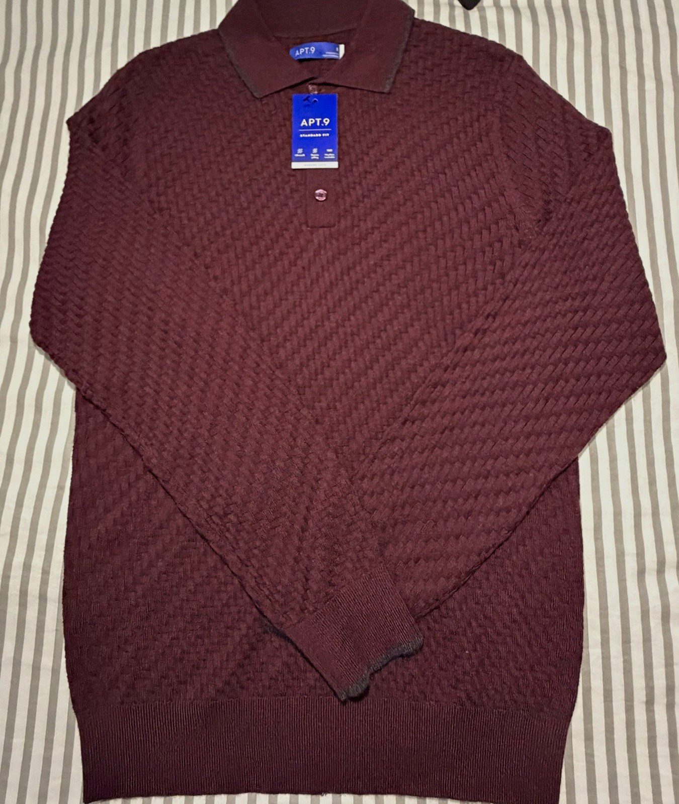 Apt. 9 Men’s S Burgundy Textured Long Sleeve Polo Shirt Standard Fit