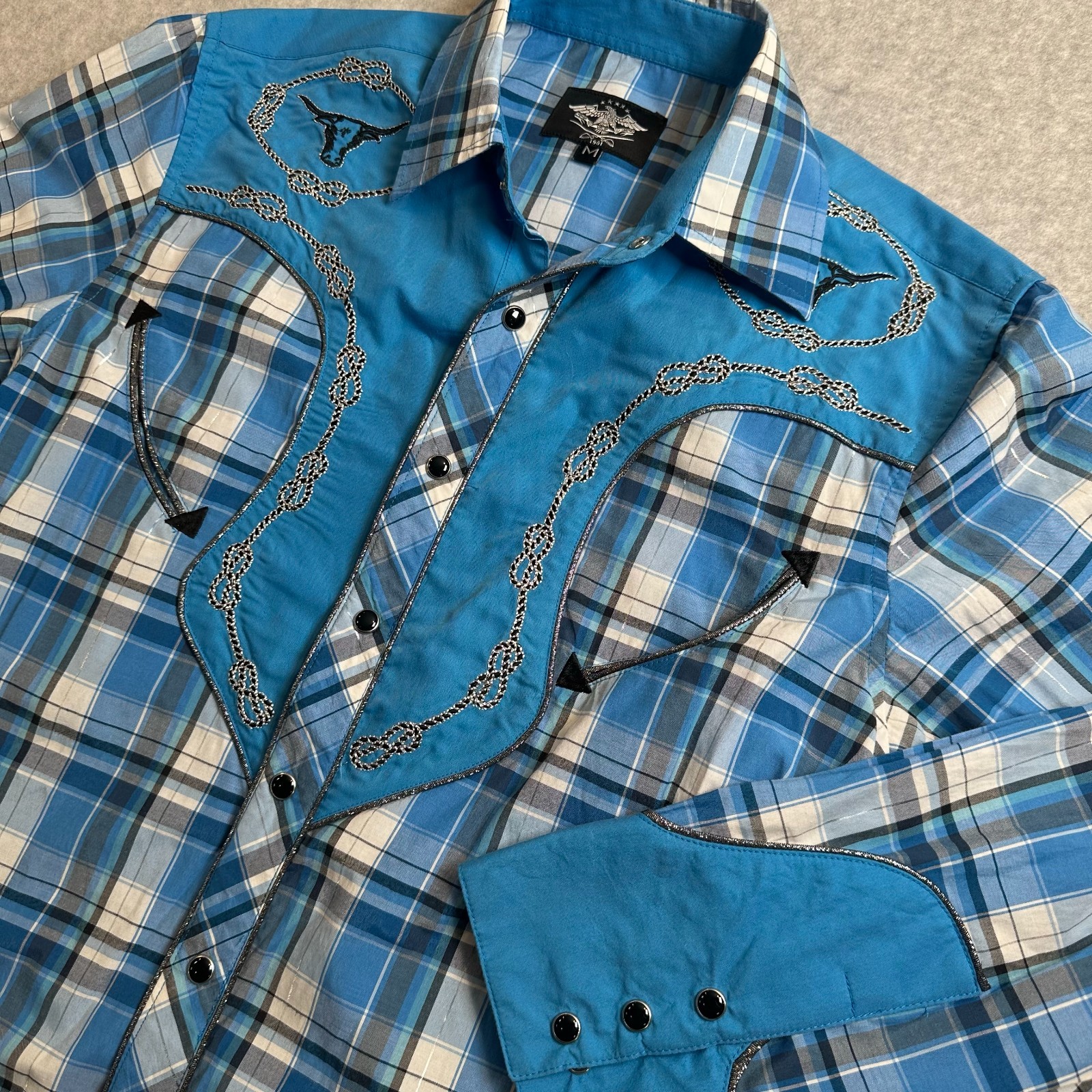El General Western Shirt Men’s Medium Blue Plaid Embroidered Pearl Snap Cowboy