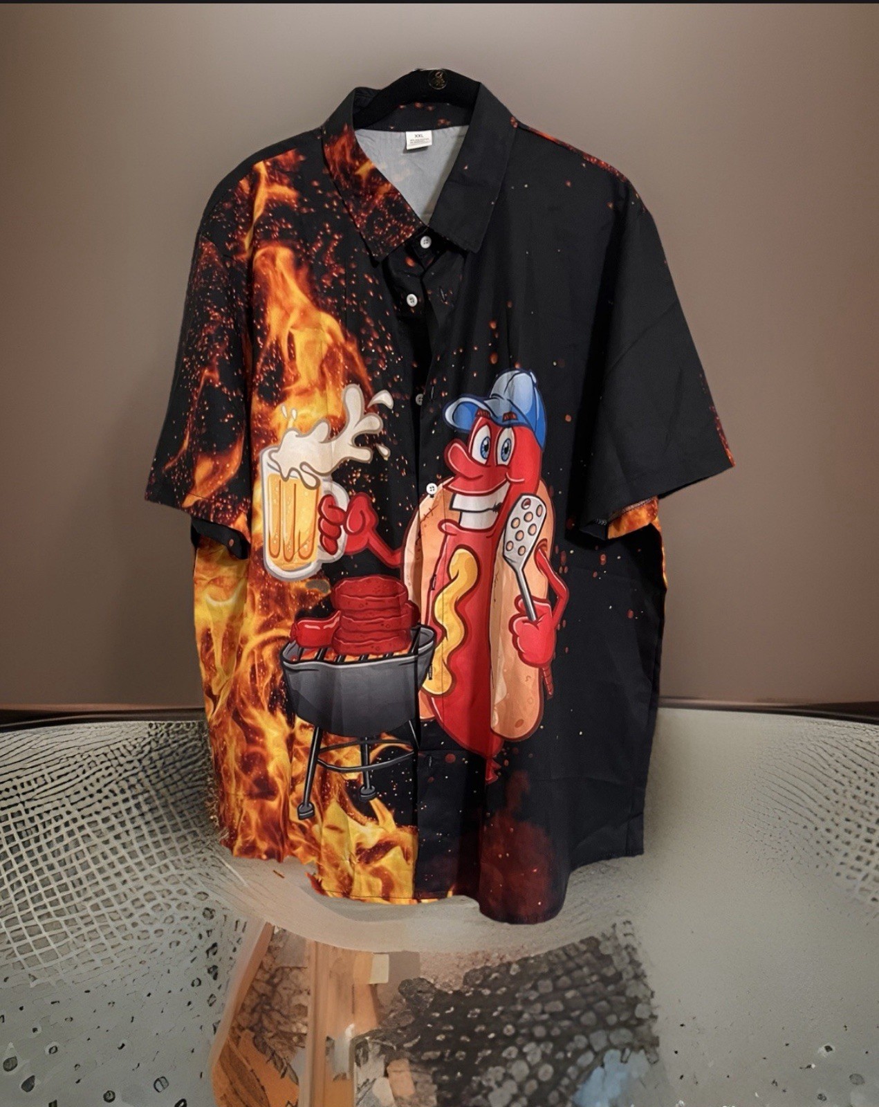NO BRAND UNBRANDED MENS SIZE XXL COLLARED BUTTON DOWN BBQ HOT DOG SHORT SLEEVE