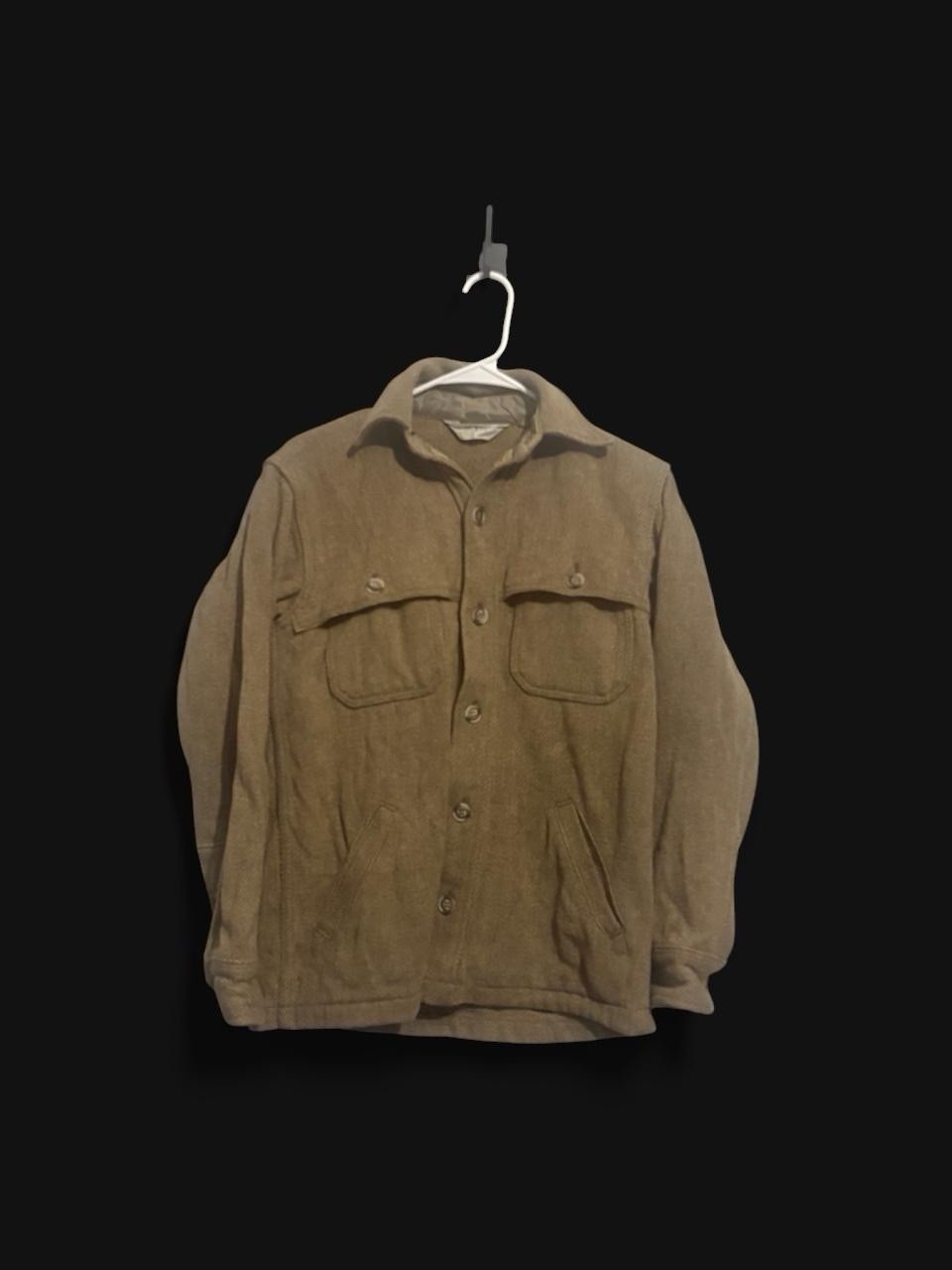 VINTAGE Woolrich Herringbone Wool Shirt Jac Cape Coat Tan Brown Medium Heavy
