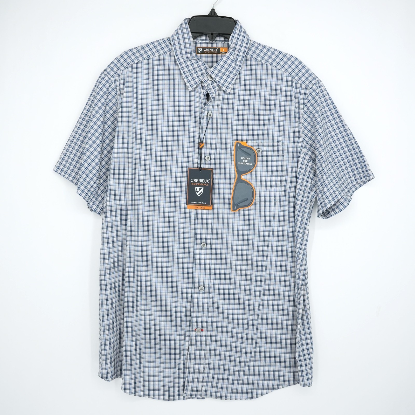 Cremieux Performance Short-Sleeve Shirt L Blue White Gray Plaid Stretch NWT