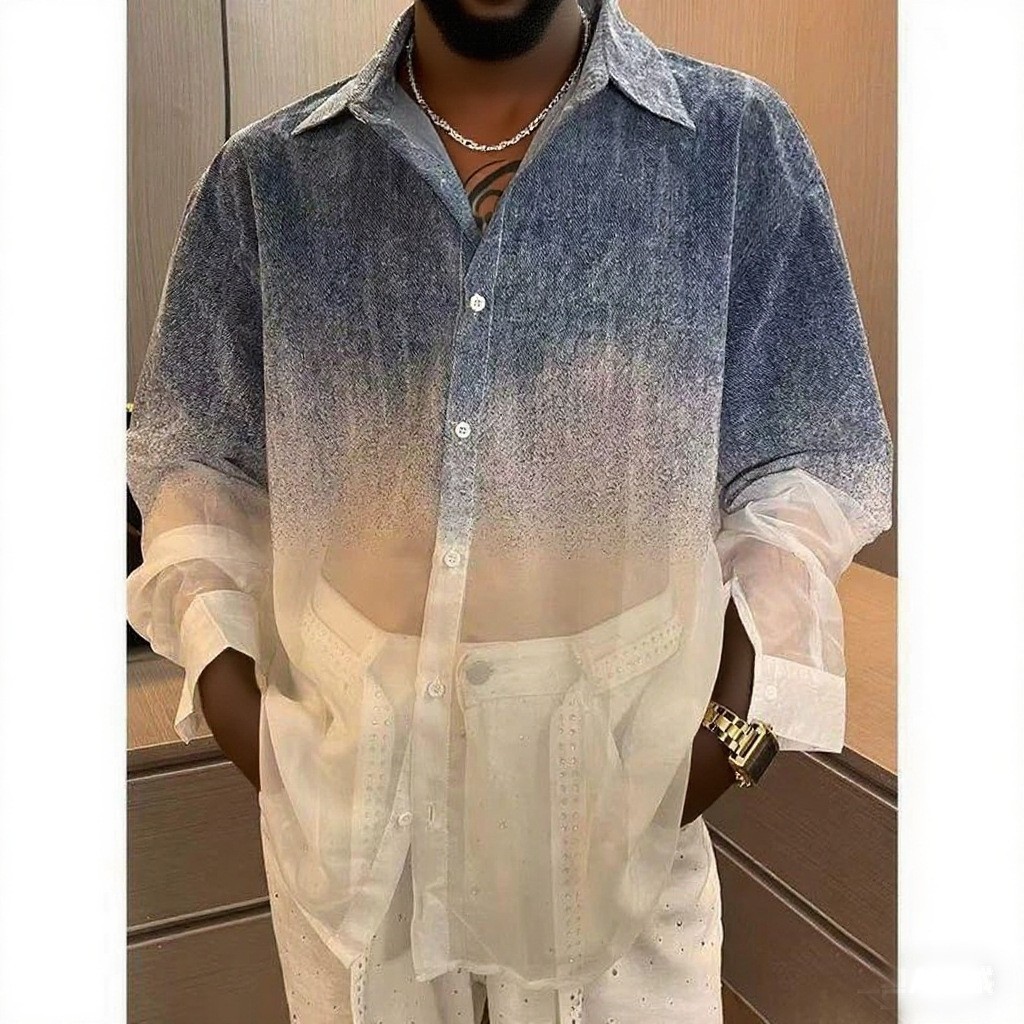 Men’s Sheer Gradient Button Down Shirt Long Sleeve Ombre Party Club Resort Top