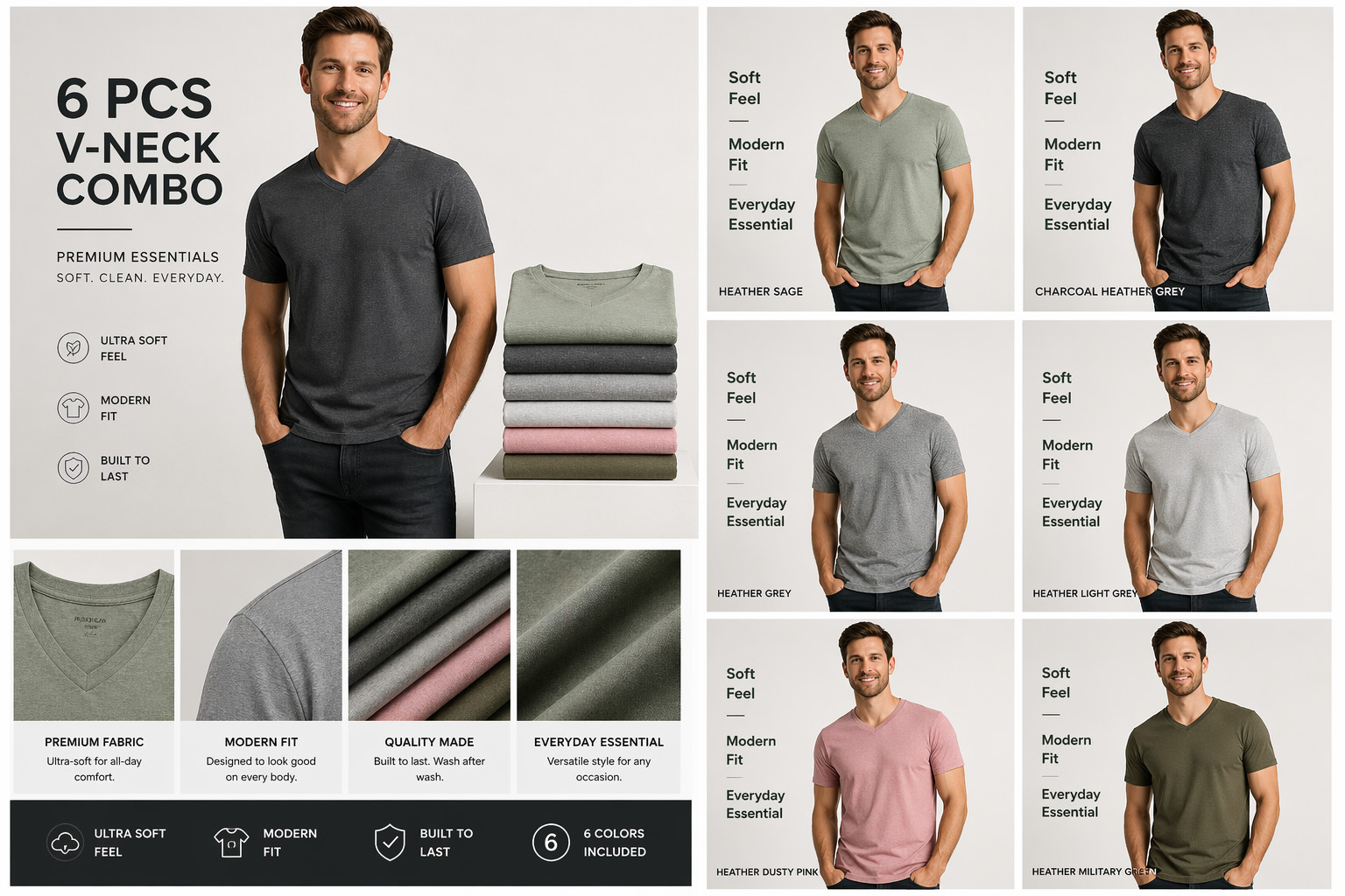 True Classic V-Neck T-Shirts 6 Pack Men Size M New No Tags Soft Premium Fit