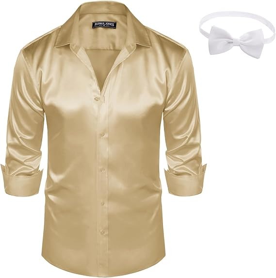 PJ PAUL JONES Men’s Long-Sleeve Silky Dress Shirt Buttons w/Bow Tie GOLD M L XL
