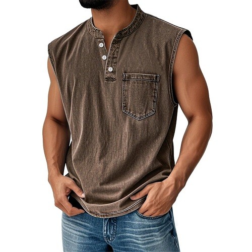 Men Sleeveless Beach Shirts Hawaiian Summer Shirt Button Vest Henley Tank Tops