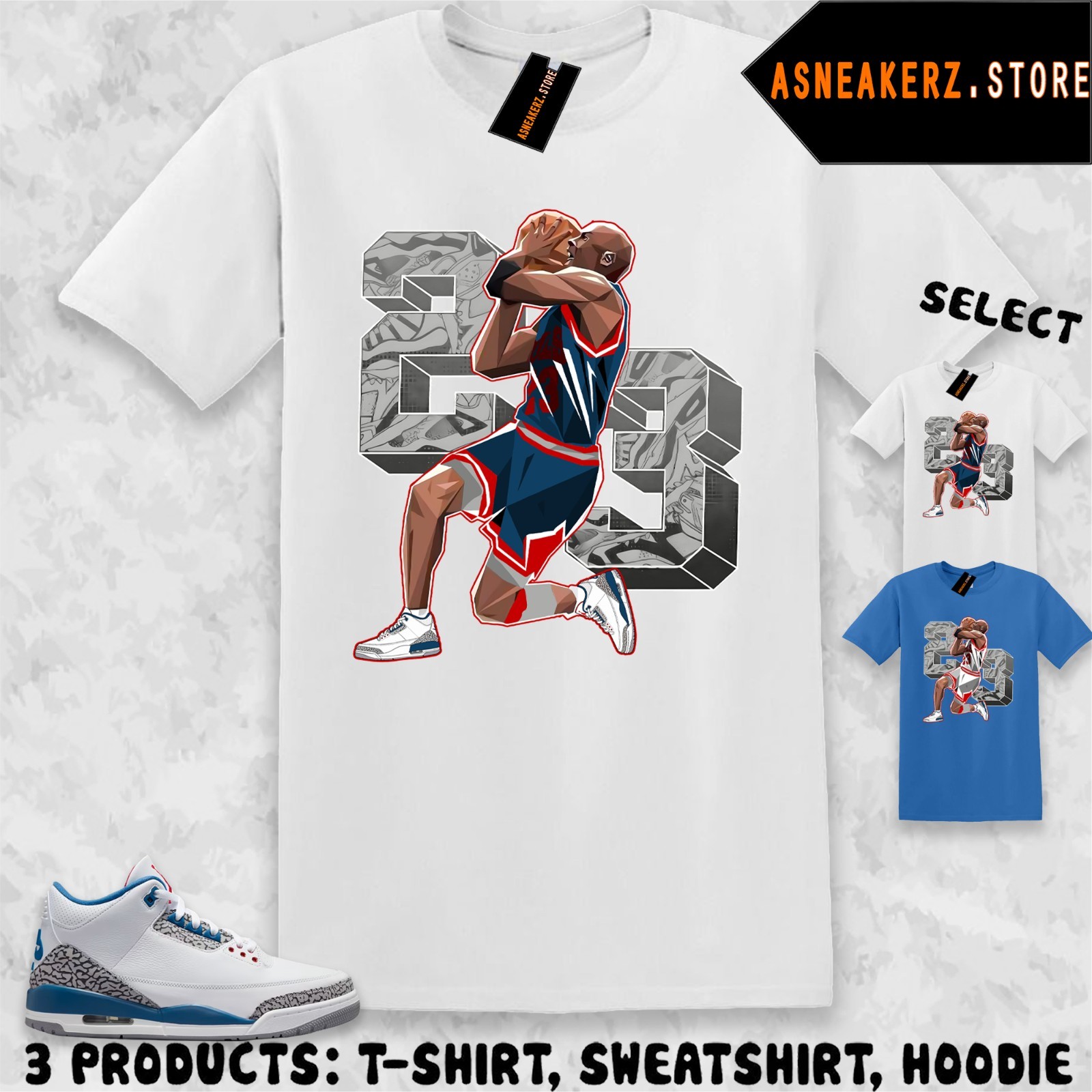 Tee Shirt Matching AJ 3 True Blue 2026 To Match Sneaker Number 23 MJ T-Shirt