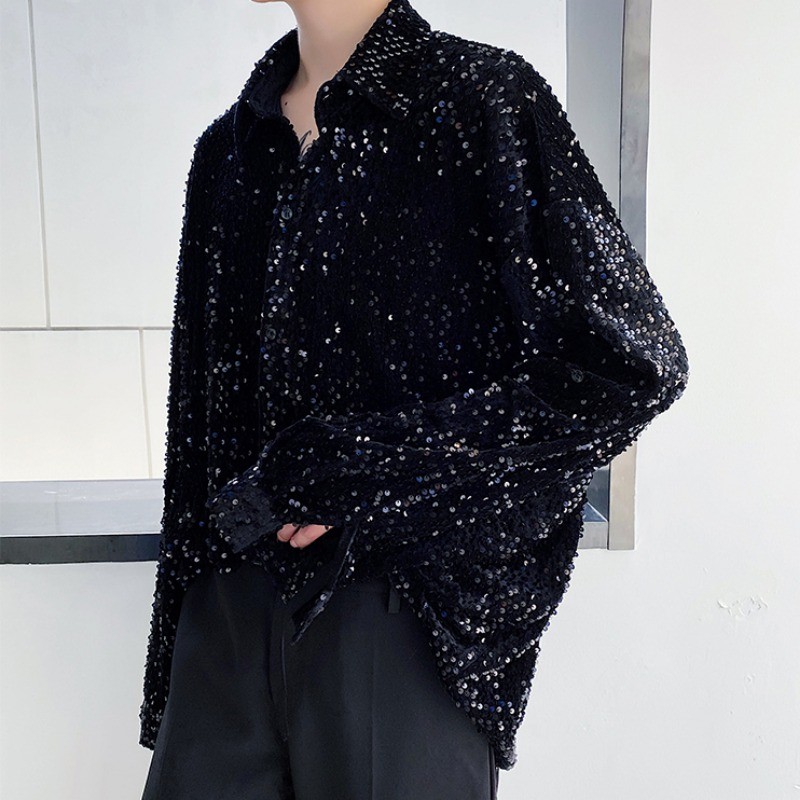 Men Sequined Velvet Button Shirt Long Sleeve Strap Glitter Nightclub Performance