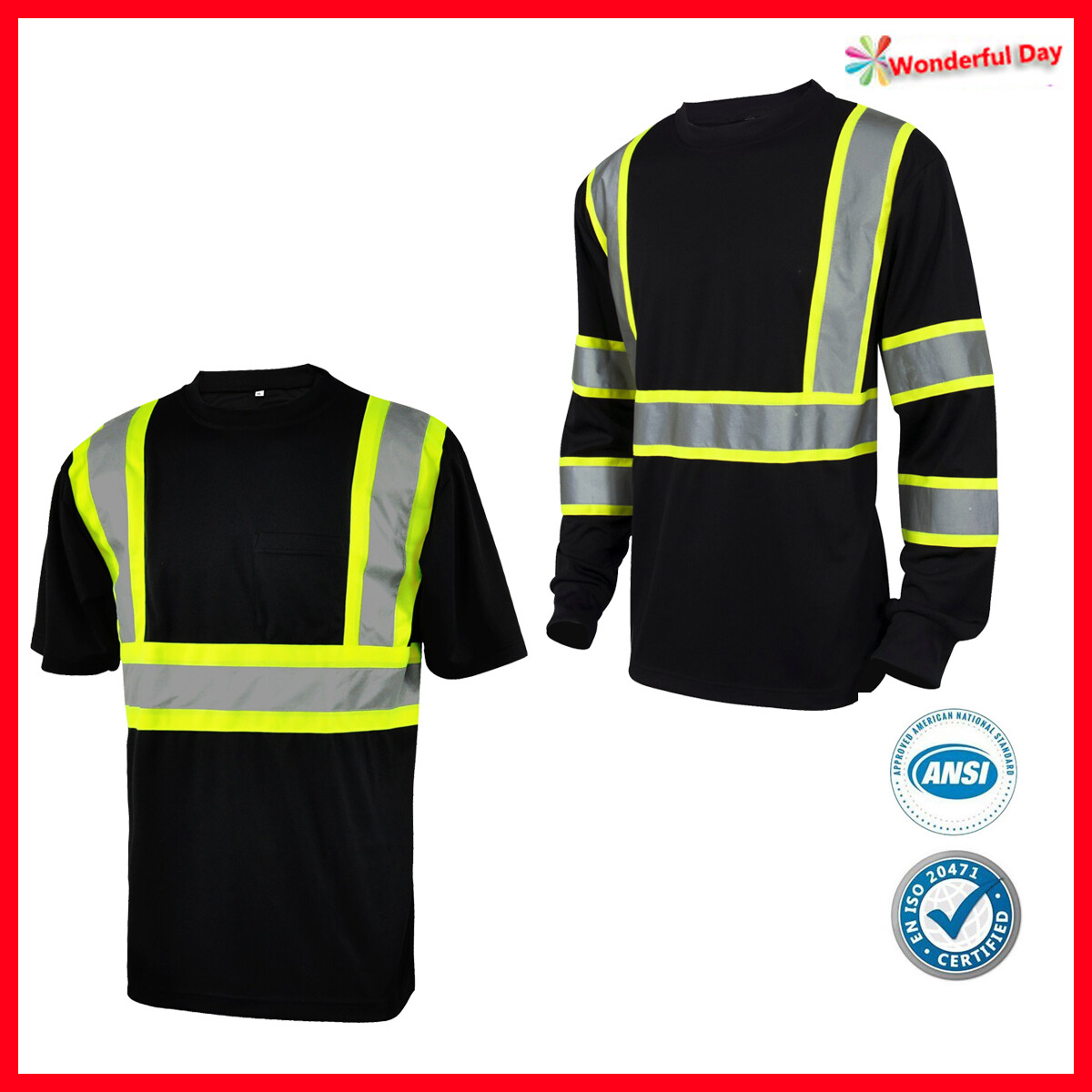 L&M Hi Vis T Shirt Reflective Safety Black Short Long Sleeve HIGH Visibility