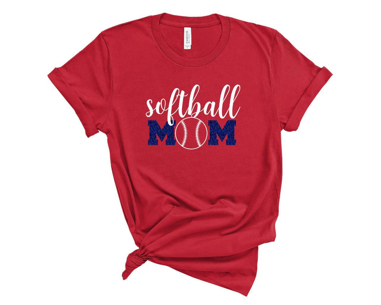 Personalized Softball Mom Glitter T-Shirt Custom Softball Mom Sports Tee