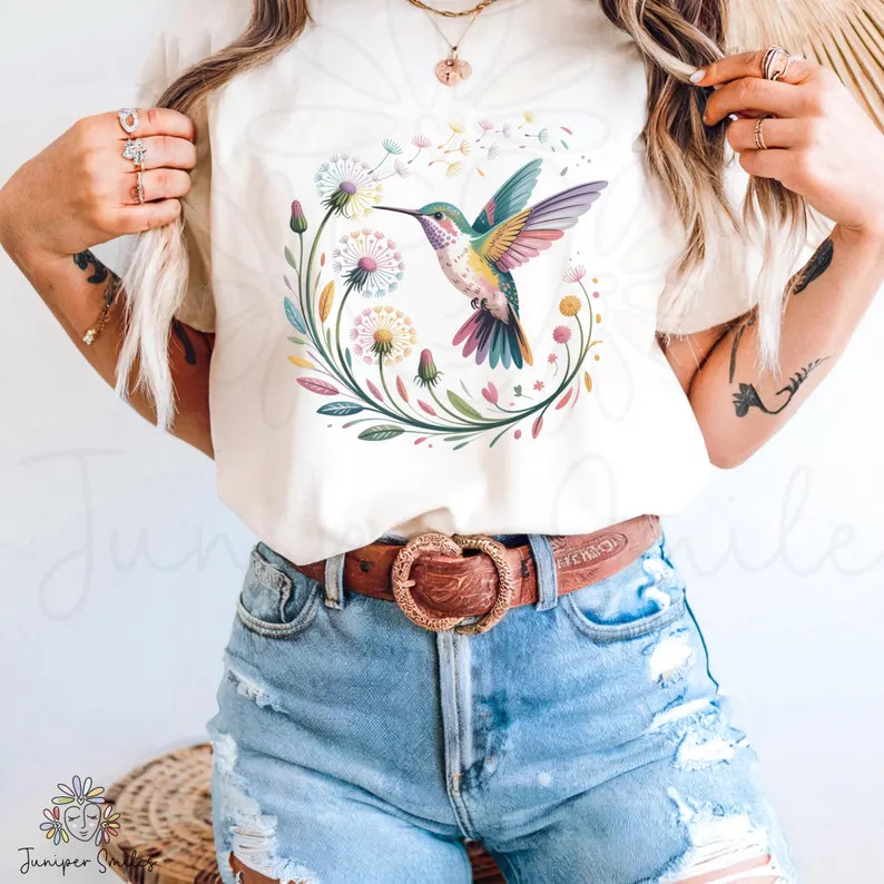 Hummingbird Bird Nature Wildlife Floral Design Comfort Tee