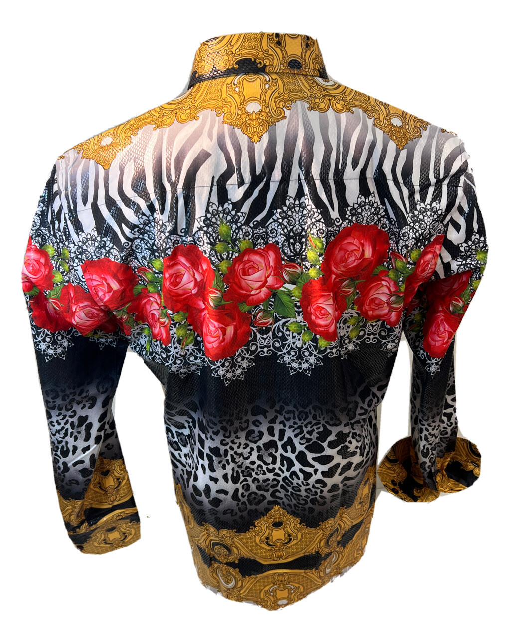 Button Down SHIRTS MEN BAROQUE LONG SLEEVE BLACK LEOPARD ROSES SNAKESKIN VS132