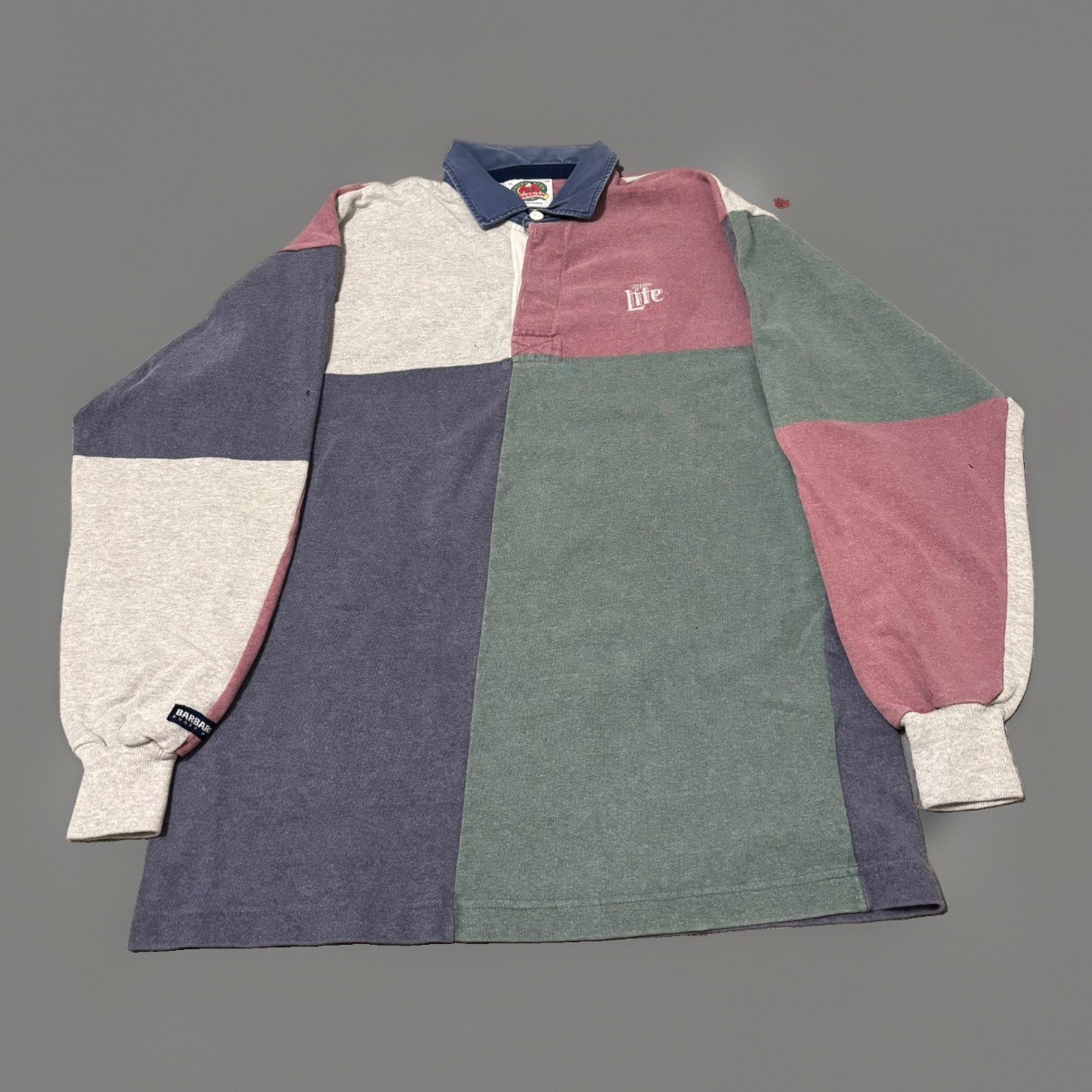 Vintage Barbarian Rugby Polo Shirt XL Miller Lite Color Block Preppy College Y2K