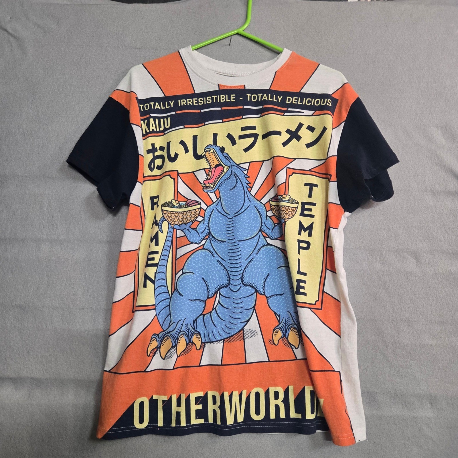 Brisco Brands Kaiju Ramen Temple Godzilla Graphic T-Shirt Mens Large Orange Blue