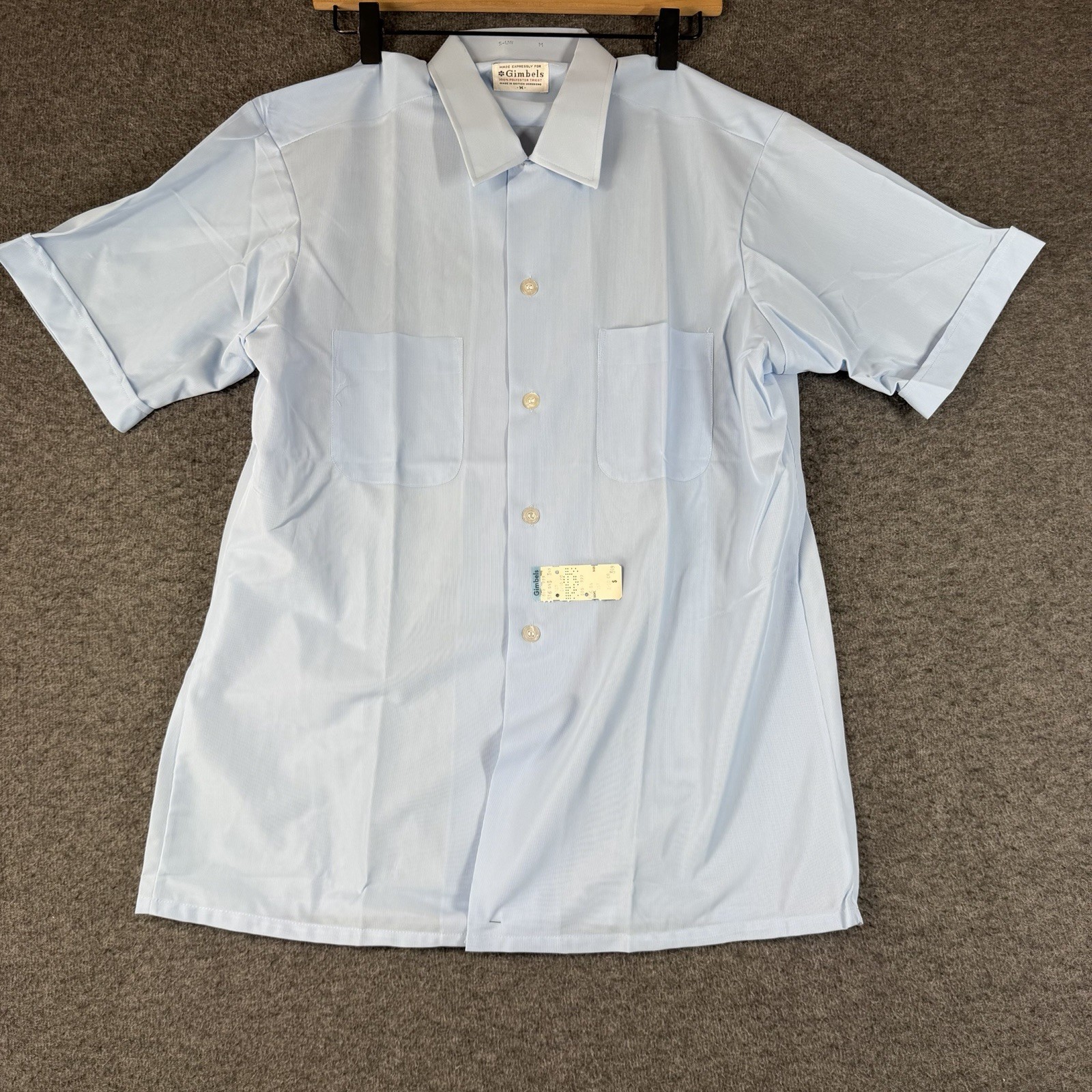 Vintage NWT 60s Gimbals Polyester Tricot Button Up Shirt Men Medium M Light Blue