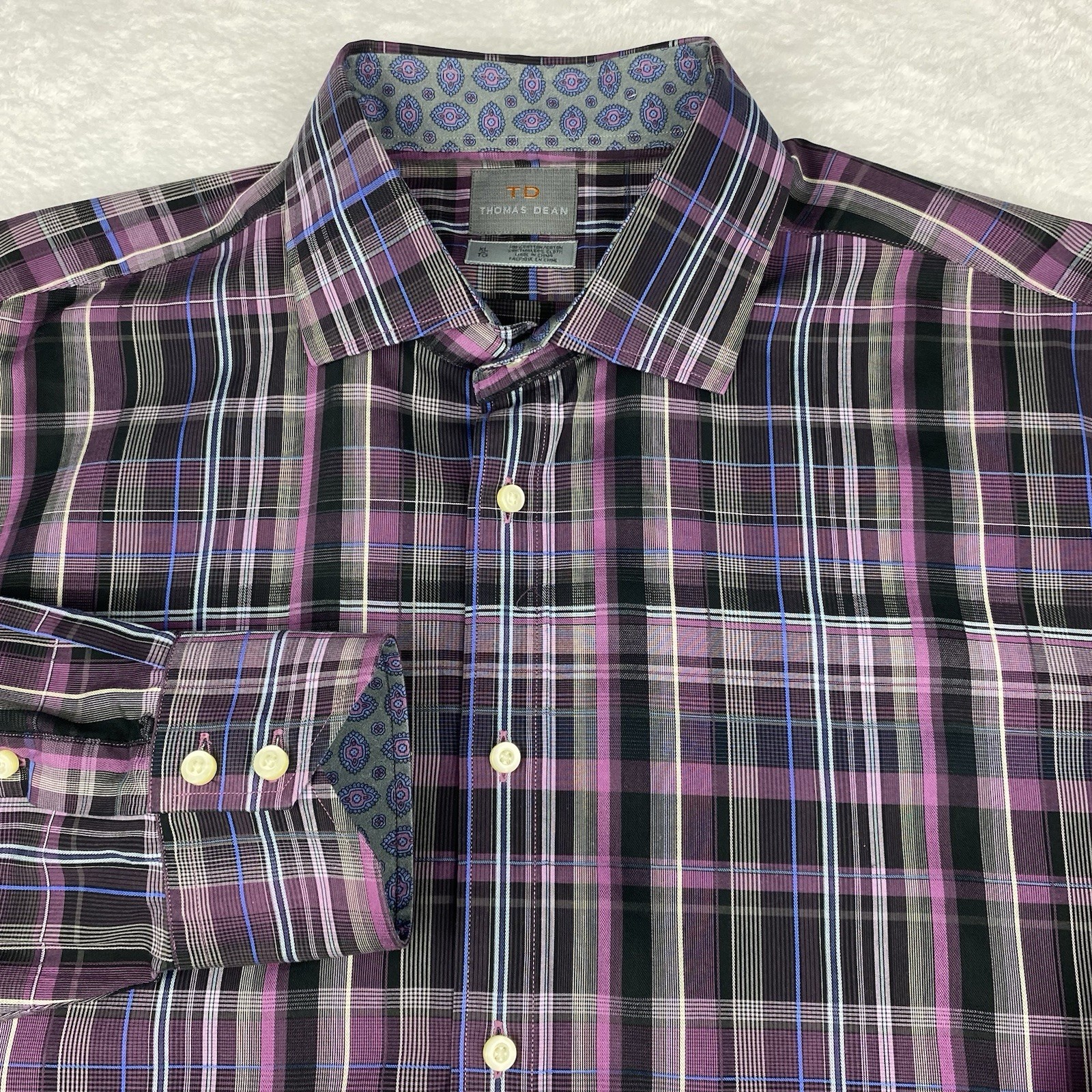 Thomas Dean Dress Shirt Mens XL Blue/Purple Plaid Regular Fit Flip Cuffs
