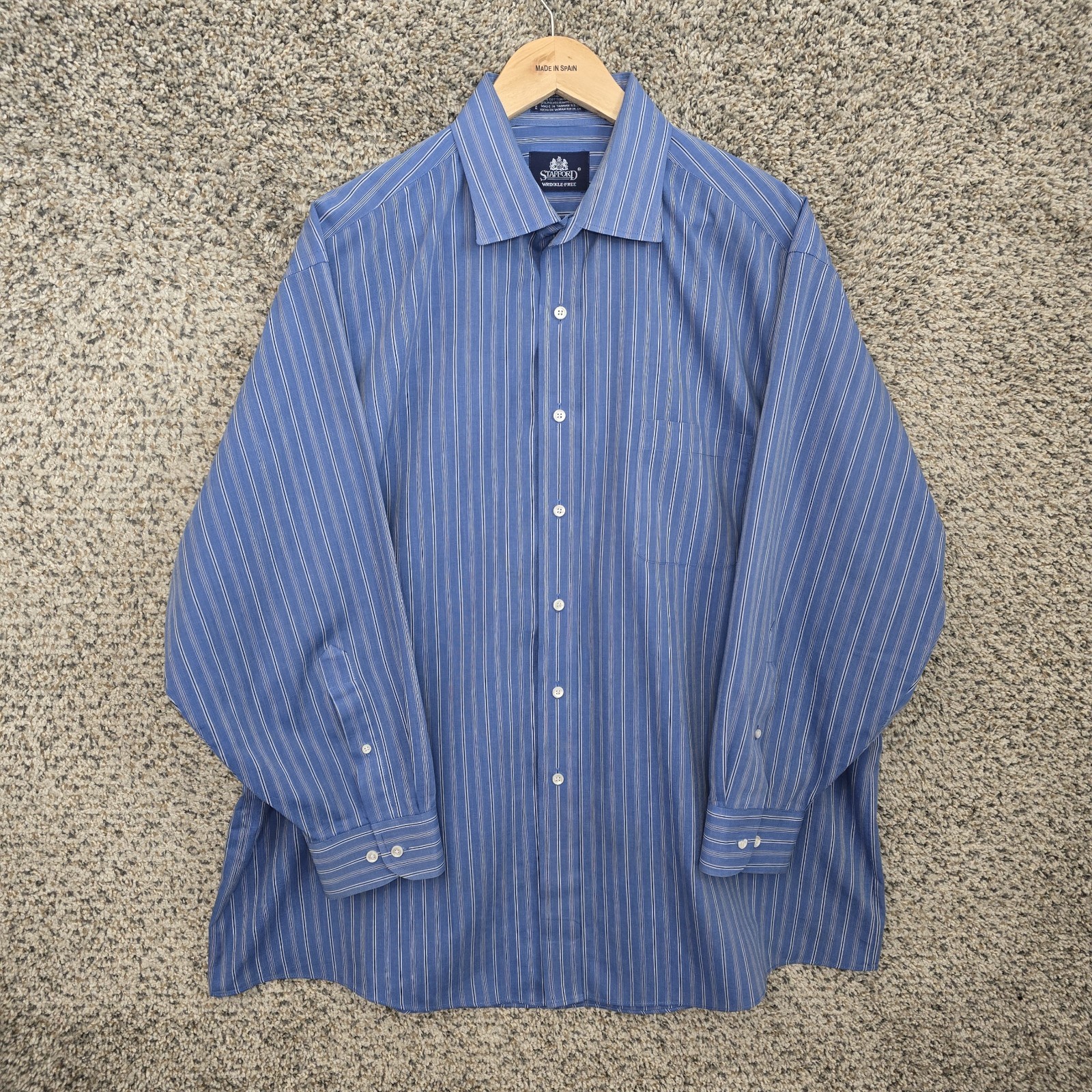 Stafford Dress Shirt Mens 17.5 32/33 Button Up Striped Broadcloth Cotton Blend