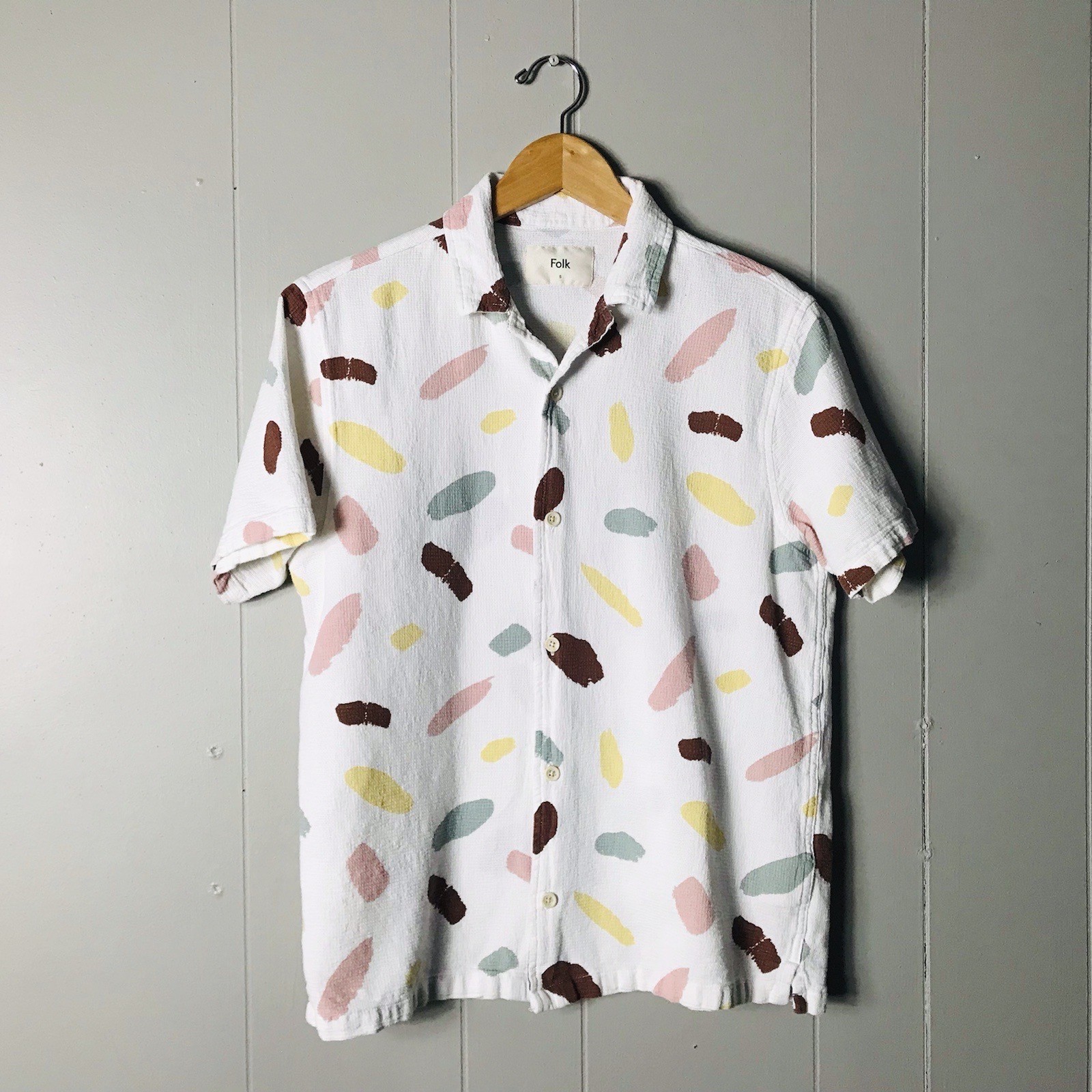 FOLK WHITE TEXTURED COTTON PAINT STROKES PATTERN BUTTON FRONT SHIRT MENS SMALL