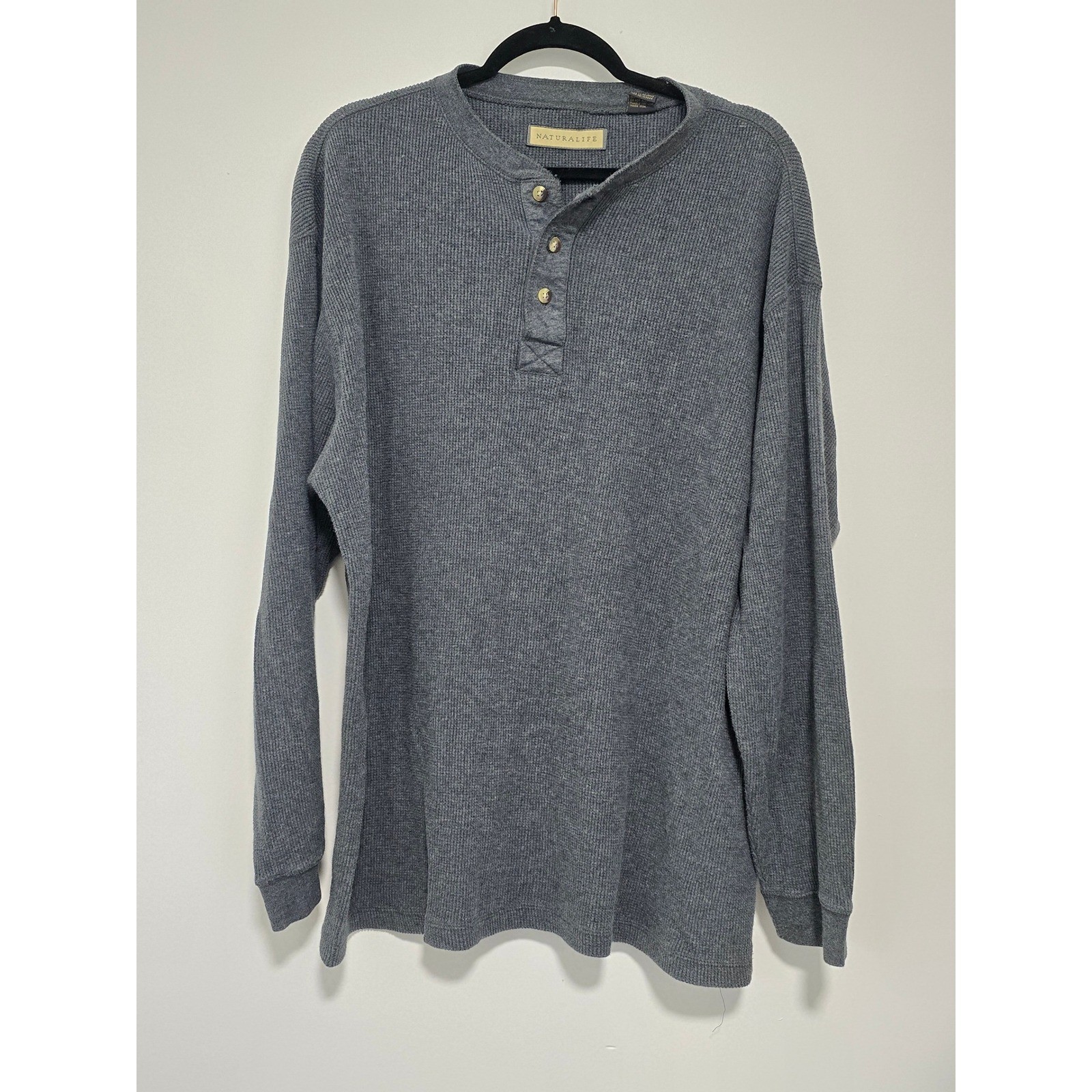 Naturalife Henley Shirt Mens XL Grey Loungewear Waffle Knit Long Sleeve Cotton