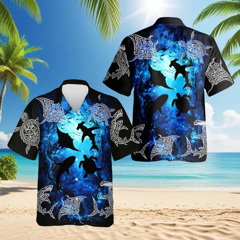 Ocean Turtle Shark Hawaiian Shirt Beach Summer Vacation Mens Womens Tropical