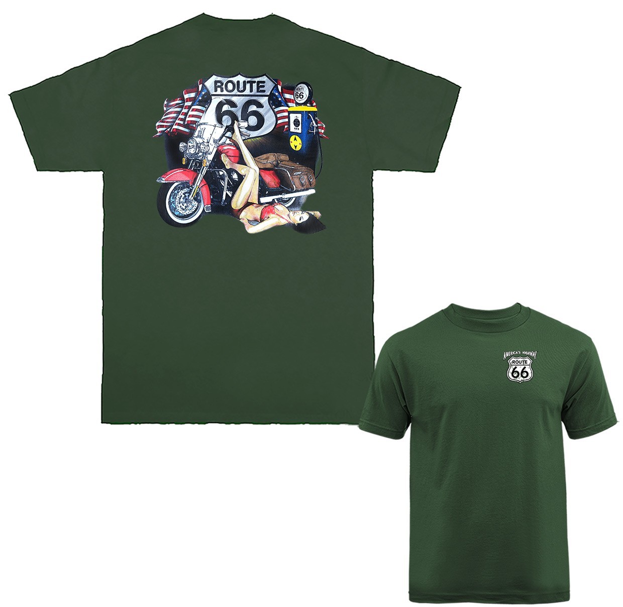 Route 66 Pinup Girl US Flag Bikers Garage Gas Station T-shirt