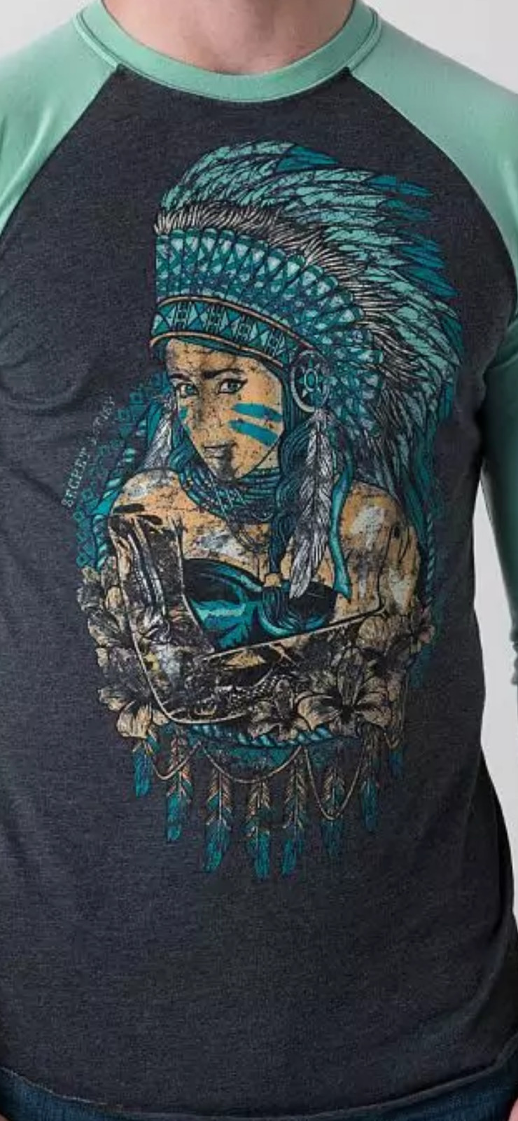 Secret Artist by Affliction Men’s T-shirt Sugar Feather 3/4 Raglan Shirt Biker