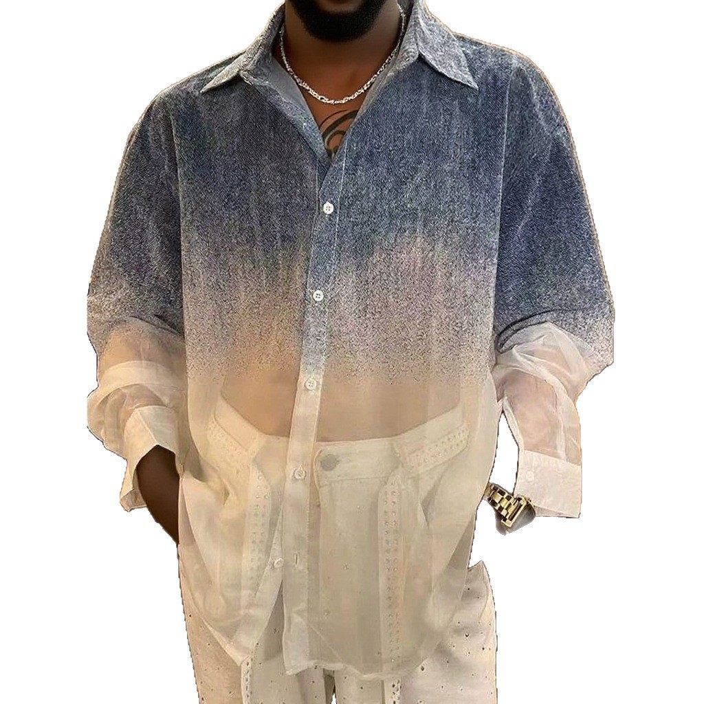 Men’s Sheer Gradient Button Down Shirt Long Sleeve Ombre Party Club Resort Top