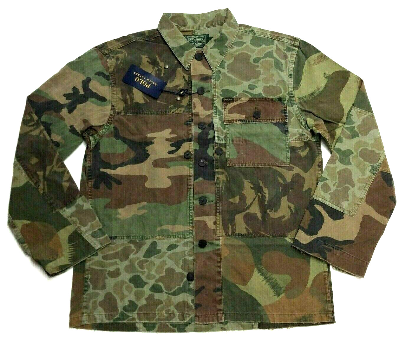 Polo Ralph Lauren Patchwork Military Army Camo Distressed Fatigue Shirt Jacket