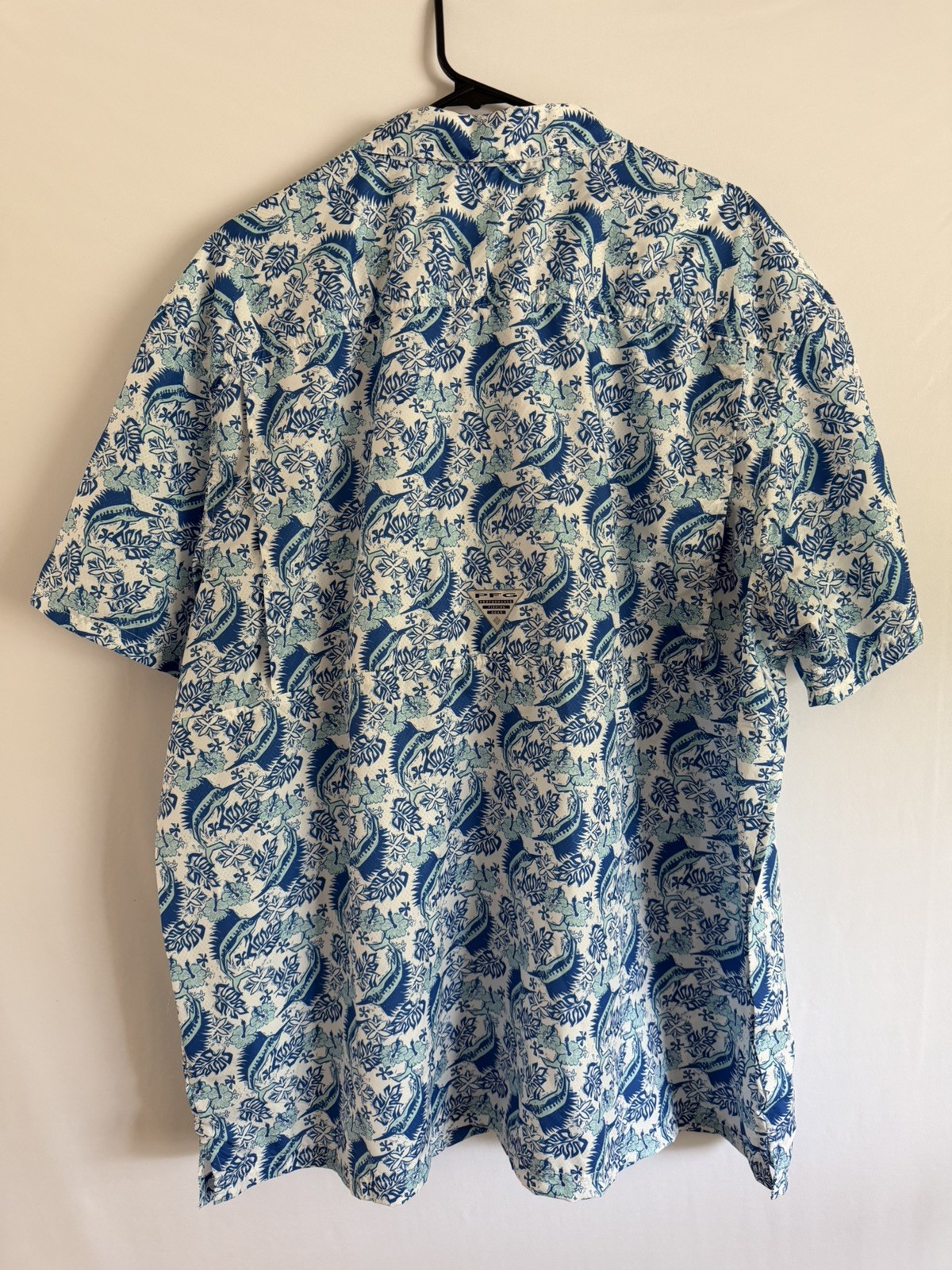 COLUMBIA PFG Super Slack Tide Blue Marlin Print SS Fishing Camp Shirt Men’s XXL