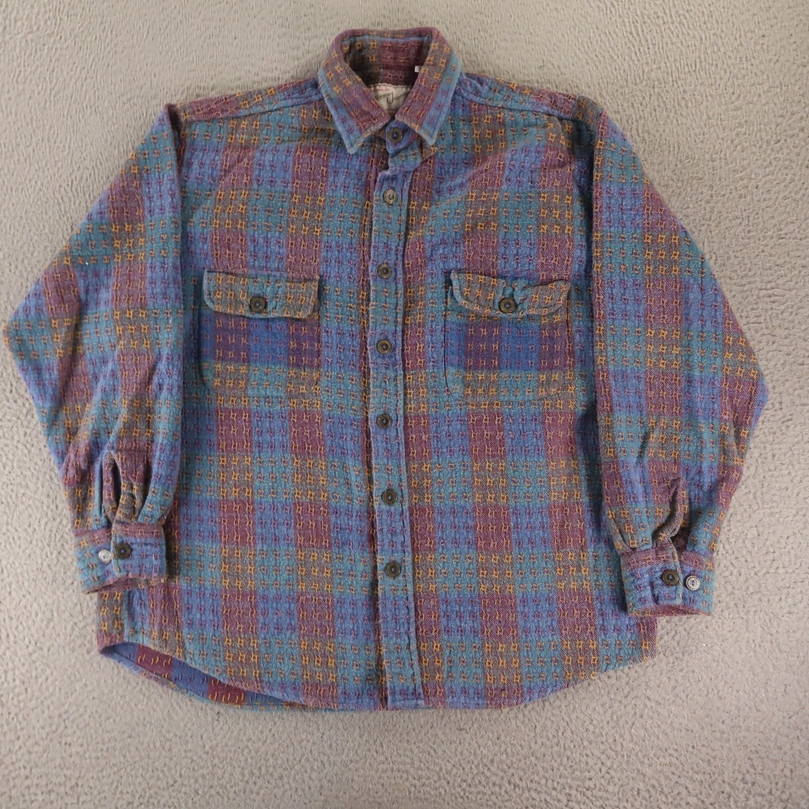 VTG Address Unknown Shirt Mens M Blue Check Cotton 90s Grunge 3D Knit