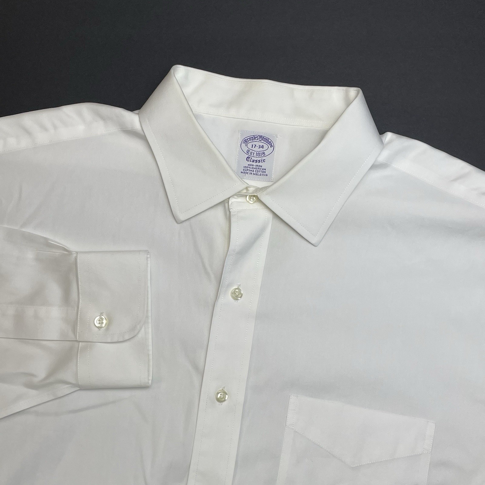 Brooks Brothers Classic Fit Dress Shirt 17 34 Solid White Barrel Cuff Non Iron