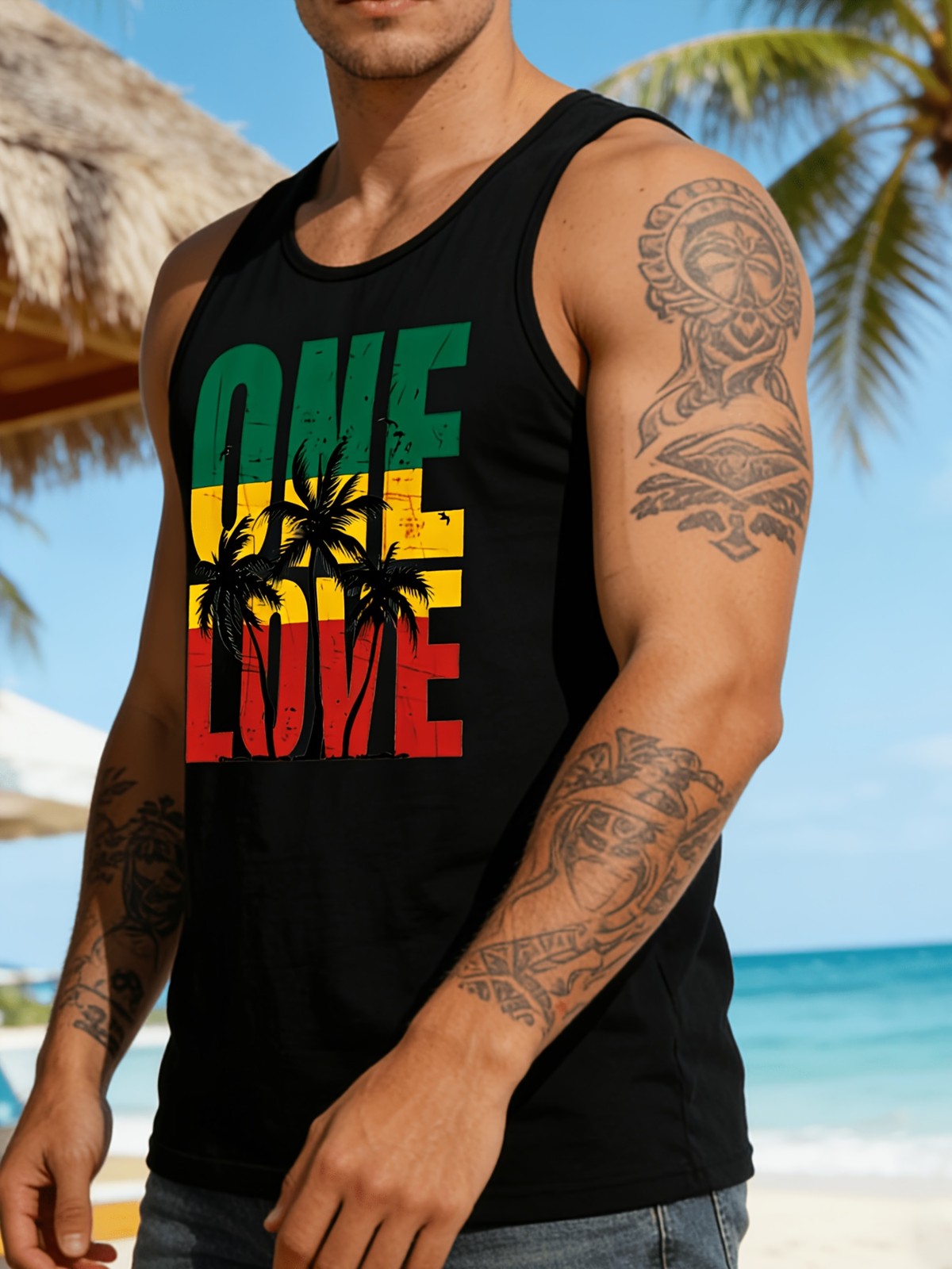 Mens Beach Print Round Neck Sleeveless Tank Top Machine Washable Casual Vest❀