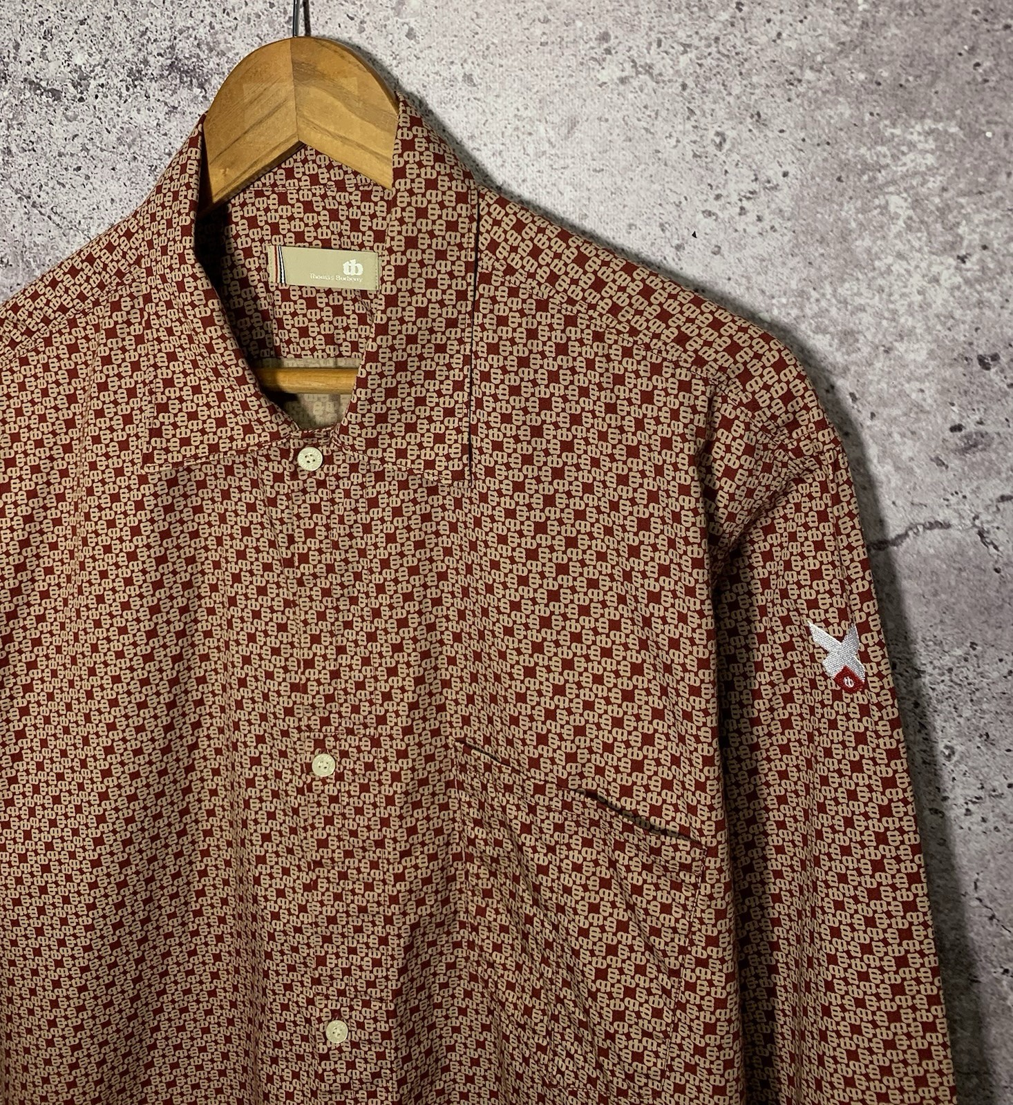 Thomas Burberry Vintage Men’s Red Cotton Monogram Button Down Shirt Size XL