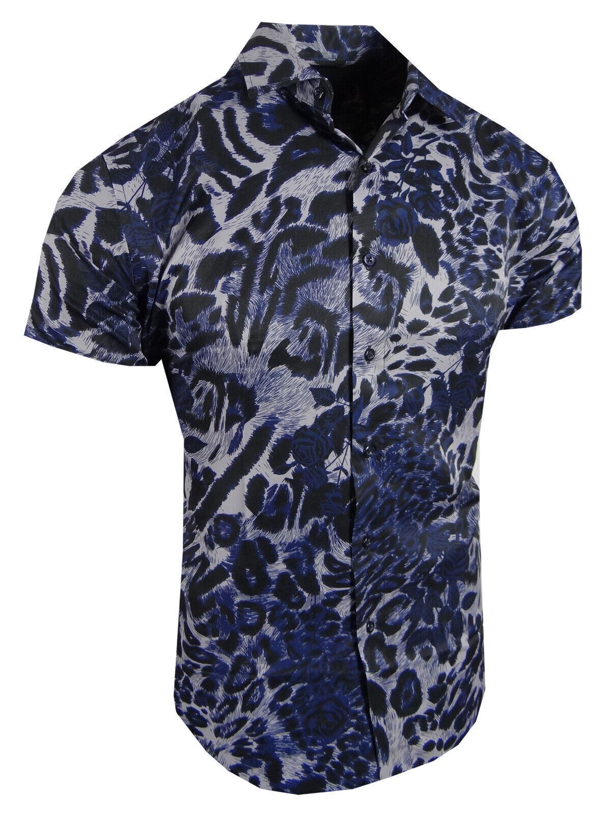 Mens Short Sleeve Shirt Designer Animal Floral Prints Stretch Slim Fit Button Up