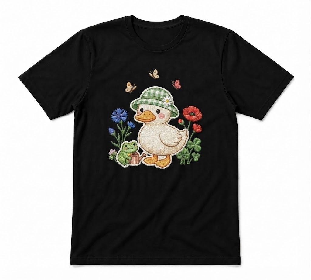 Cute Duck With Hat Frog Animal Nature Floral Unisex Black T-shirt