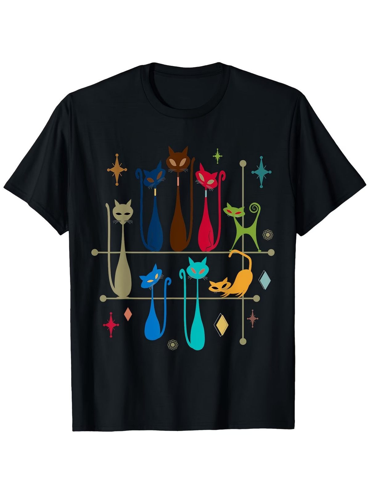 Retro Cat Graphic Tee for Both Genders, Mid-Century Modern Design, Round Collar,